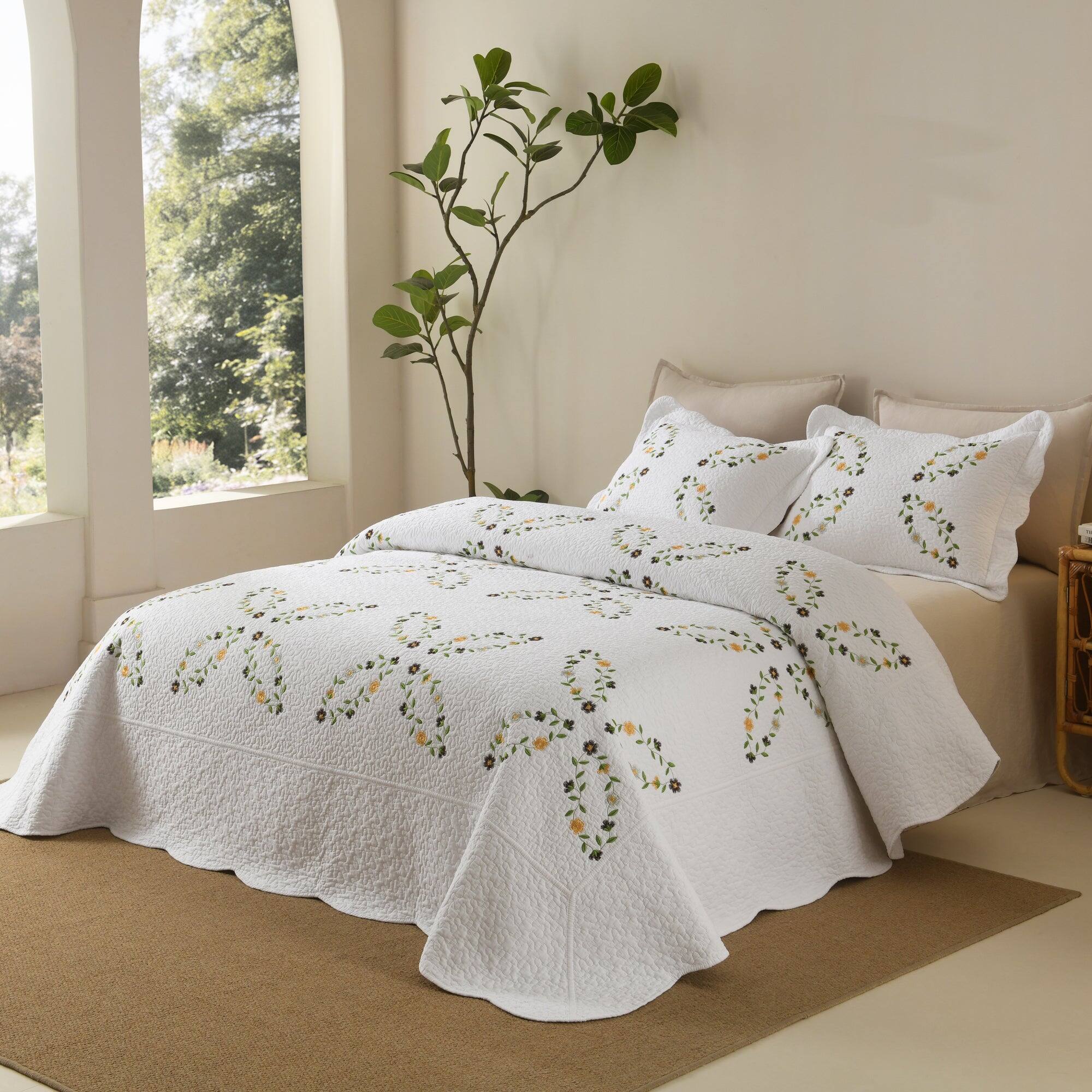 Left. MarCielo - MarCielo 3 Piece 100% Cotton Cover Floral Vine Embroidered Cottage Quilt Bedspread Set - White.