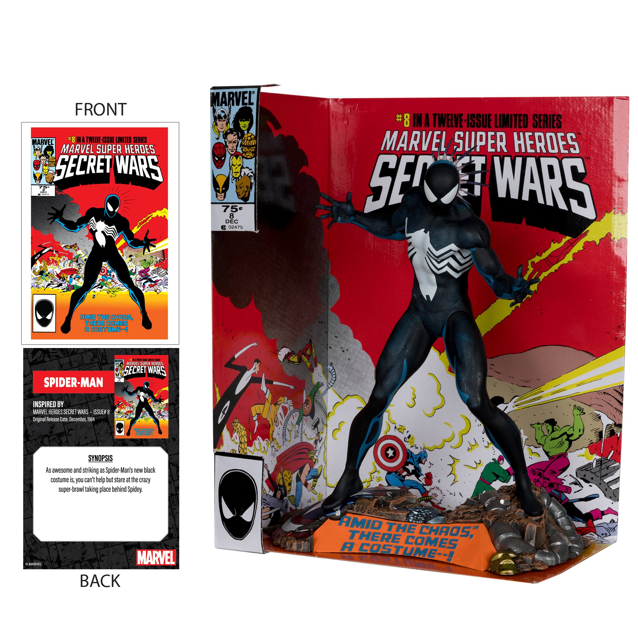 FRONT: Marvel * a 12-issue limited series Marvel Super Heroes Secret Wars Marvel 75 8-inch action figure set Marvel Super Heroes Secret Wars Spider-Man inspired by Brian Michael Bendis and Mark Bagley's Ultimate Spider-Man.

BACK: Amid the chaos, there comes a costume--! Marvel Super Heroes Secret Wars Spider-Man's new black costume is so awesome and striking that you can't help but stare. And when you see the other super heroes taking place behind Spidey, you'll be blown away by the sheer scale and detail of this action figure set.