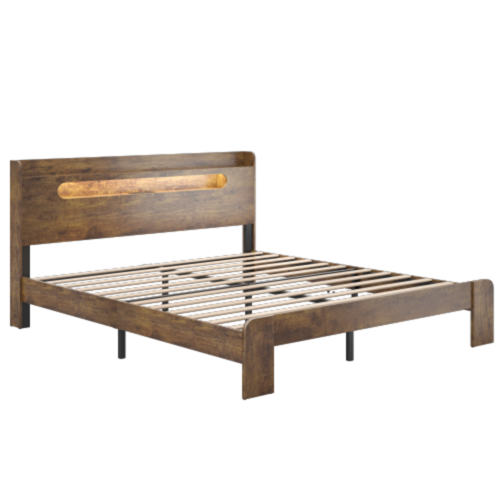 Alt View 2. LUCKY ONE - King Size Wood Platform Bed Frame with Storage LED Headboard, USB Charging, Wood Slats, No Box Spring Needed - Dark Brown.