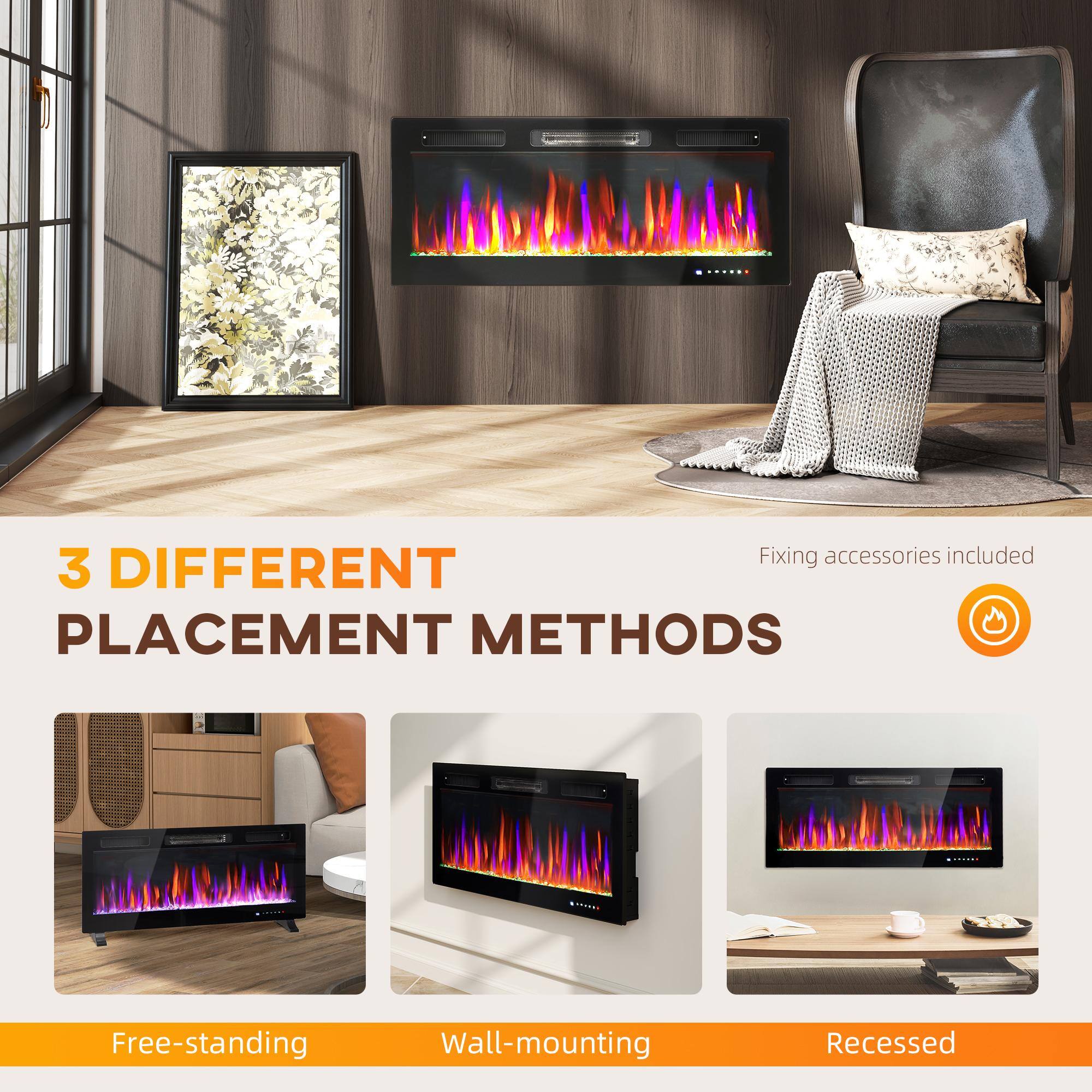 3 DIFFERENT PLACEMENT METHODS

Free-standing  
Wall-mounting  
Recessed  

Fixing accessories included