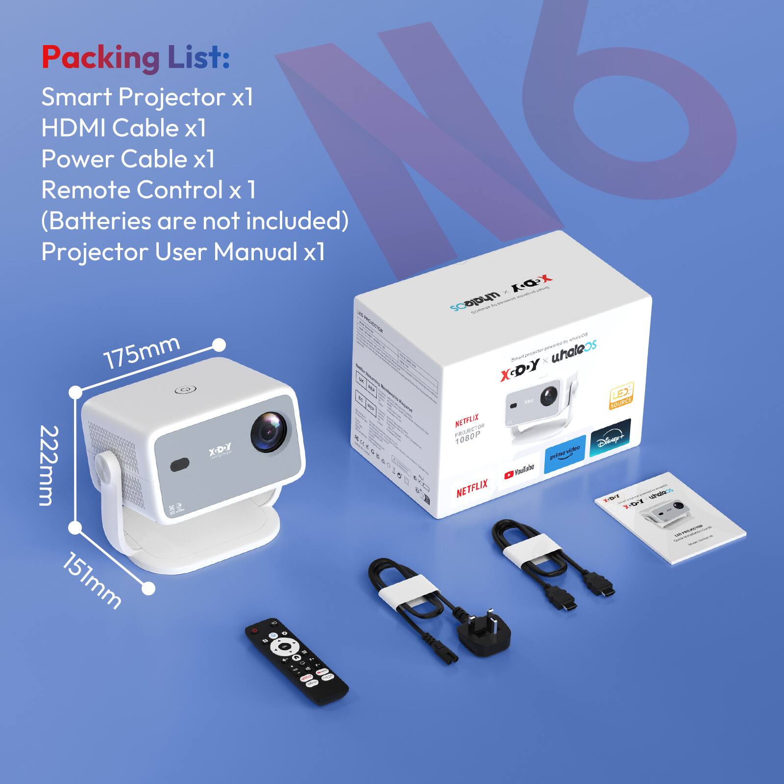 Packing List:
- Smart Projector x1
- HDMI Cable x1
- Power Cable x1
- Remote Control x1 (Batteries are not included)
- Projector User Manual x1

Dimensions:
- 175mm
- 222mm
- 151mm