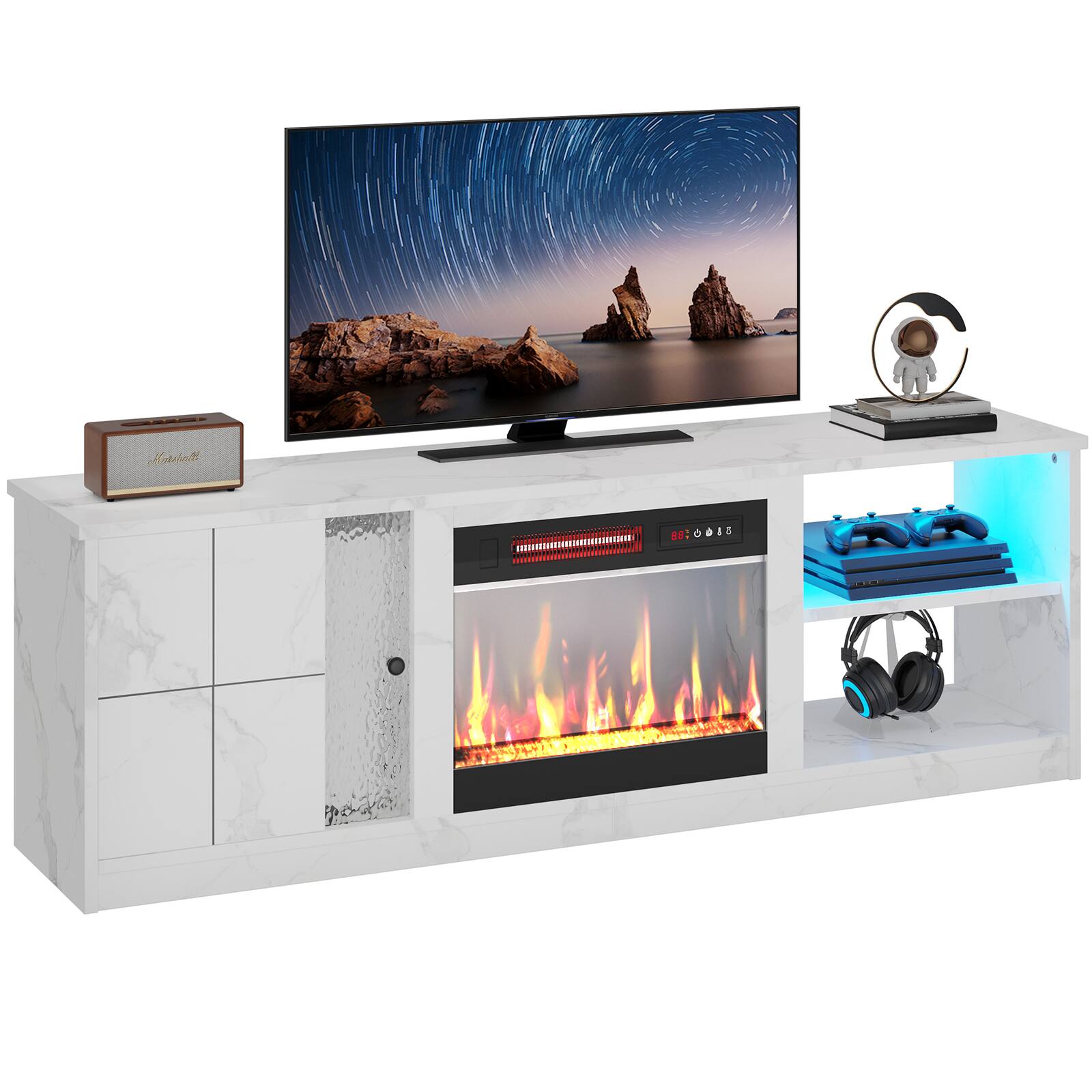 Pinmoco - 63" Electric Fireplace LED TV Stand for up to 70" TVs with Cabinet & Shelves - Thumbnail 4