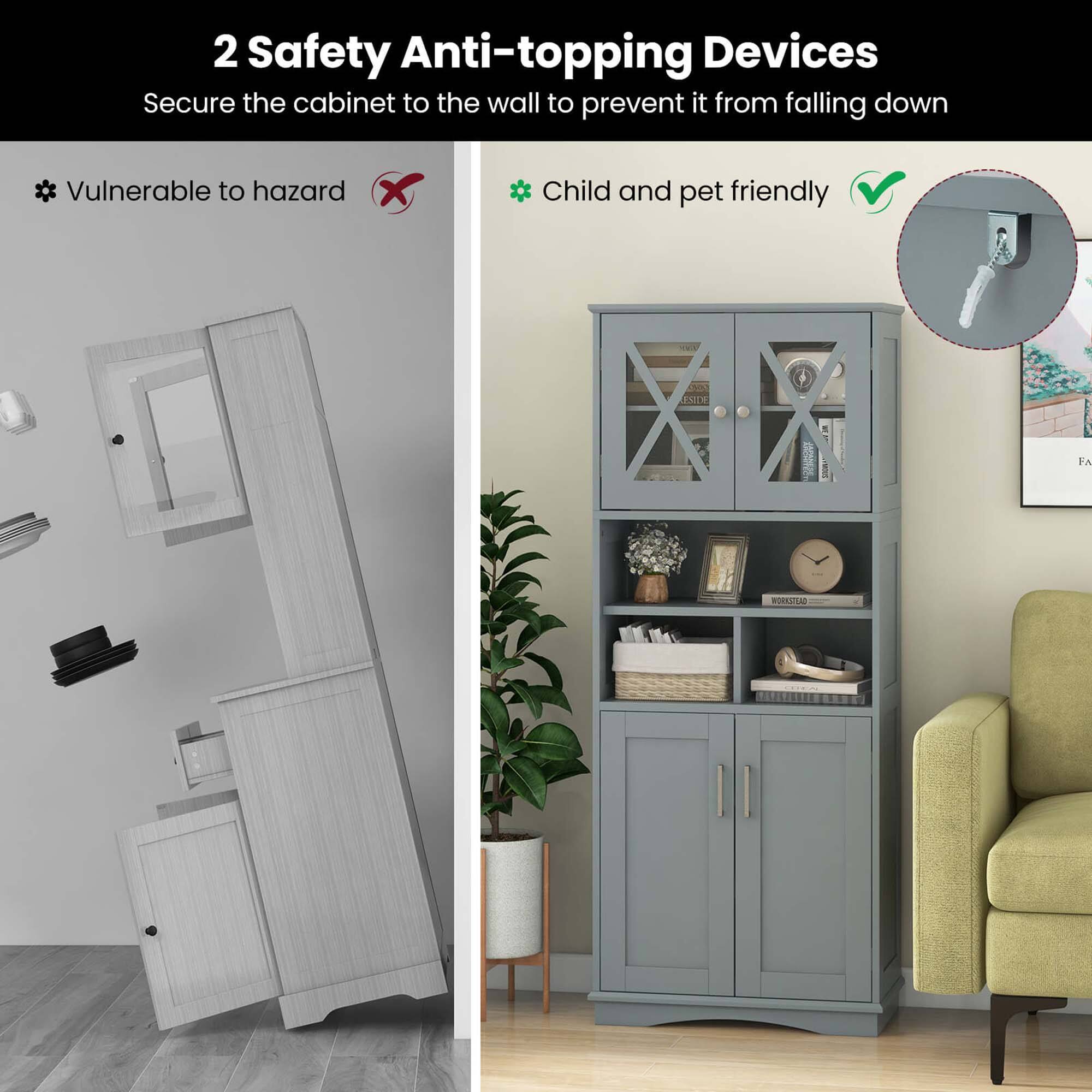 2 Safety Anti-topping Devices: Secure the cabinet to the wall to prevent it from falling down. Vulnerable to hazard. Child and pet friendly.
