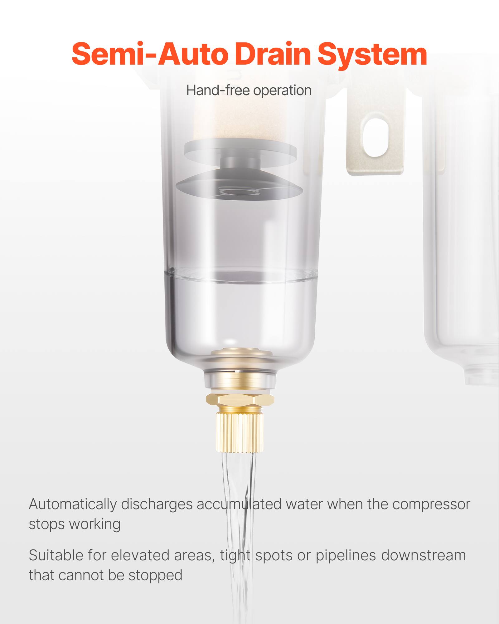 Semi-Auto Drain System

Hand-free operation

Automatically discharges accumulated water when the compressor stops working

Suitable for elevated areas, tight spots or pipelines downstream that cannot be stopped