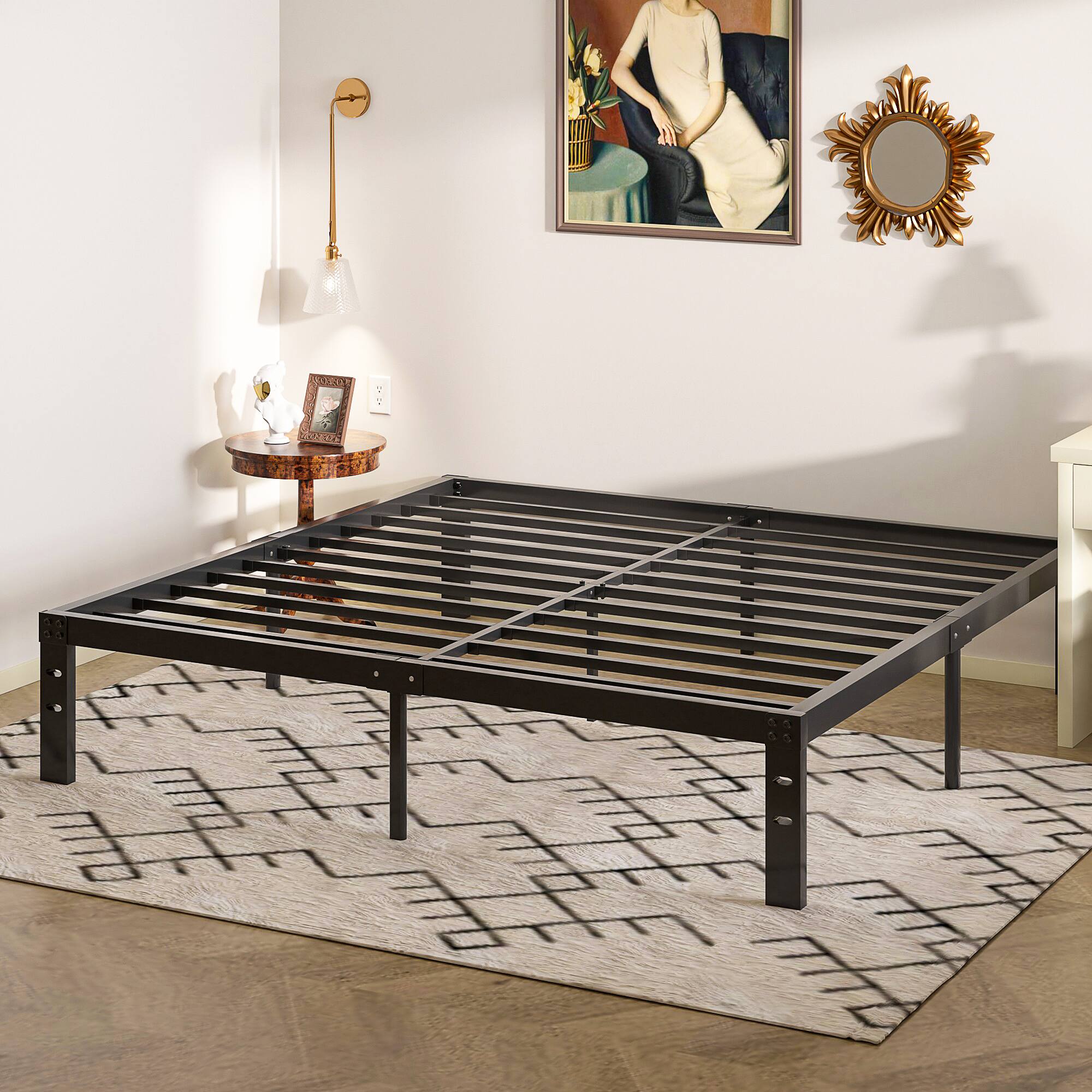 Vecelo - King Metal Platform Bed Frame with 14" Under-Bed Storage, Noise-Free Steel Slats, No Box Spring Needed, Heavy Duty Frame - Black