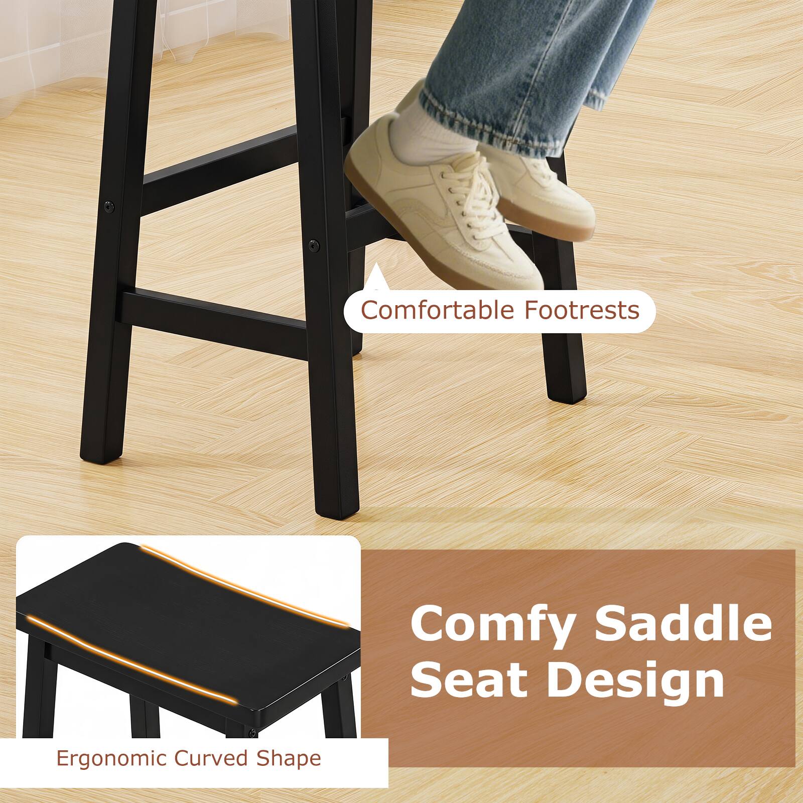 Comfortable Footrests  
Comfy Saddle Seat Design  
Ergonomic Curved Shape