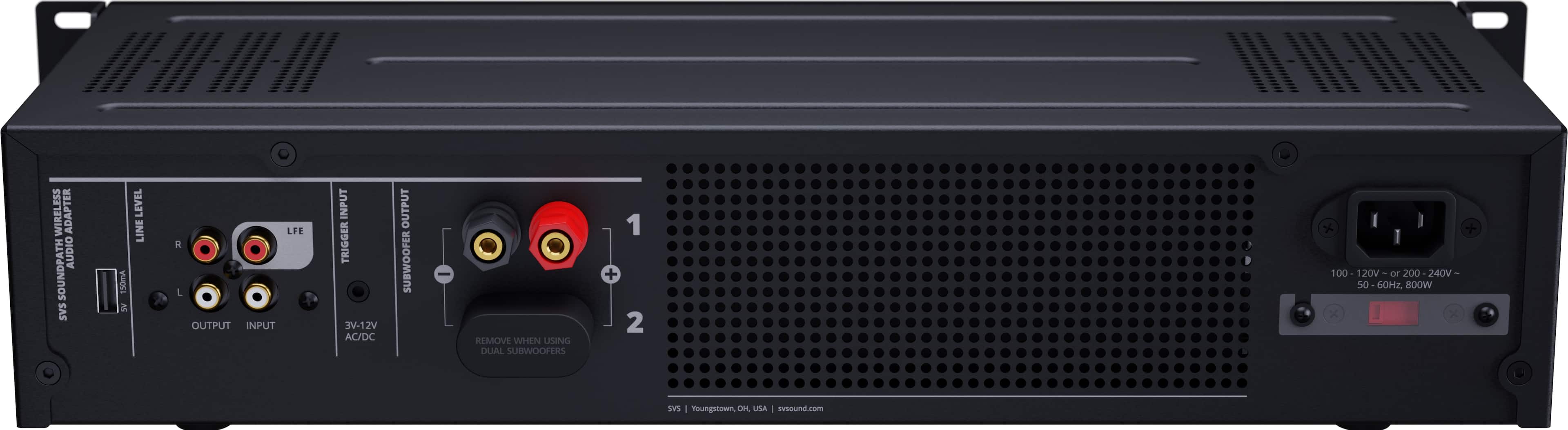 ESS WIRELESS ADAPTER AUDIO SOUNDPATH SAS 150mA AS LEVEL LINE LFE A L OUTPUT INPUT INPUT TRIGGER JV-12V AC/DC OUTPUT SUBWOOFER - REMOVE WHEN USING DUAL SUBWOOFRS 1 + 2 I 7 + 100 120V T 200 240V - 50 60Hz ROOW x x ses I Youngstown.OH O USA I round.com