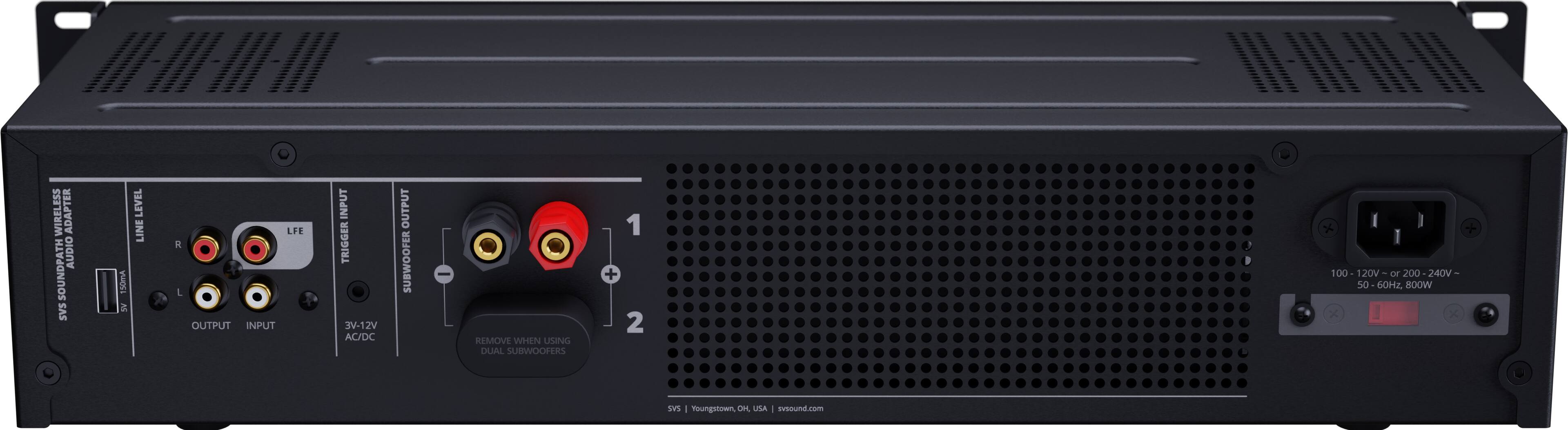 ESS WIRELESS ADAPTER AUDIO SOUNDPATH SAS 150mA AS LEVEL LINE LFE A L OUTPUT INPUT INPUT TRIGGER JV-12V AC/DC OUTPUT SUBWOOFER - REMOVE WHEN USING DUAL SUBWOOFRS 1 + 2 I 7 + 100 120V T 200 240V - 50 60Hz ROOW x x ses I Youngstown.OH O USA I round.com