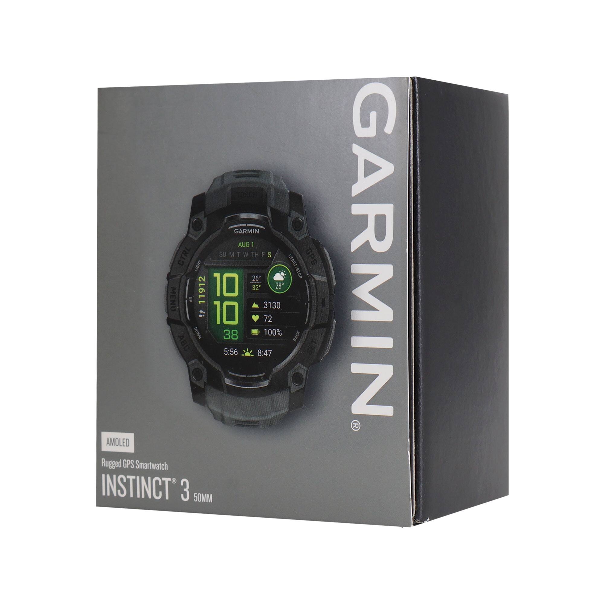 GARMIN AUG : CTRL SUMTWTHFS GPS LISTHT STANT 26' I 32 28" MENU E 11912 1 3130 11 72 I 38 100% -ACK ABC 5:56 8:47 AMOLED Rugged GPS Smartwatch INSTINCT 3 50MM GARMIN