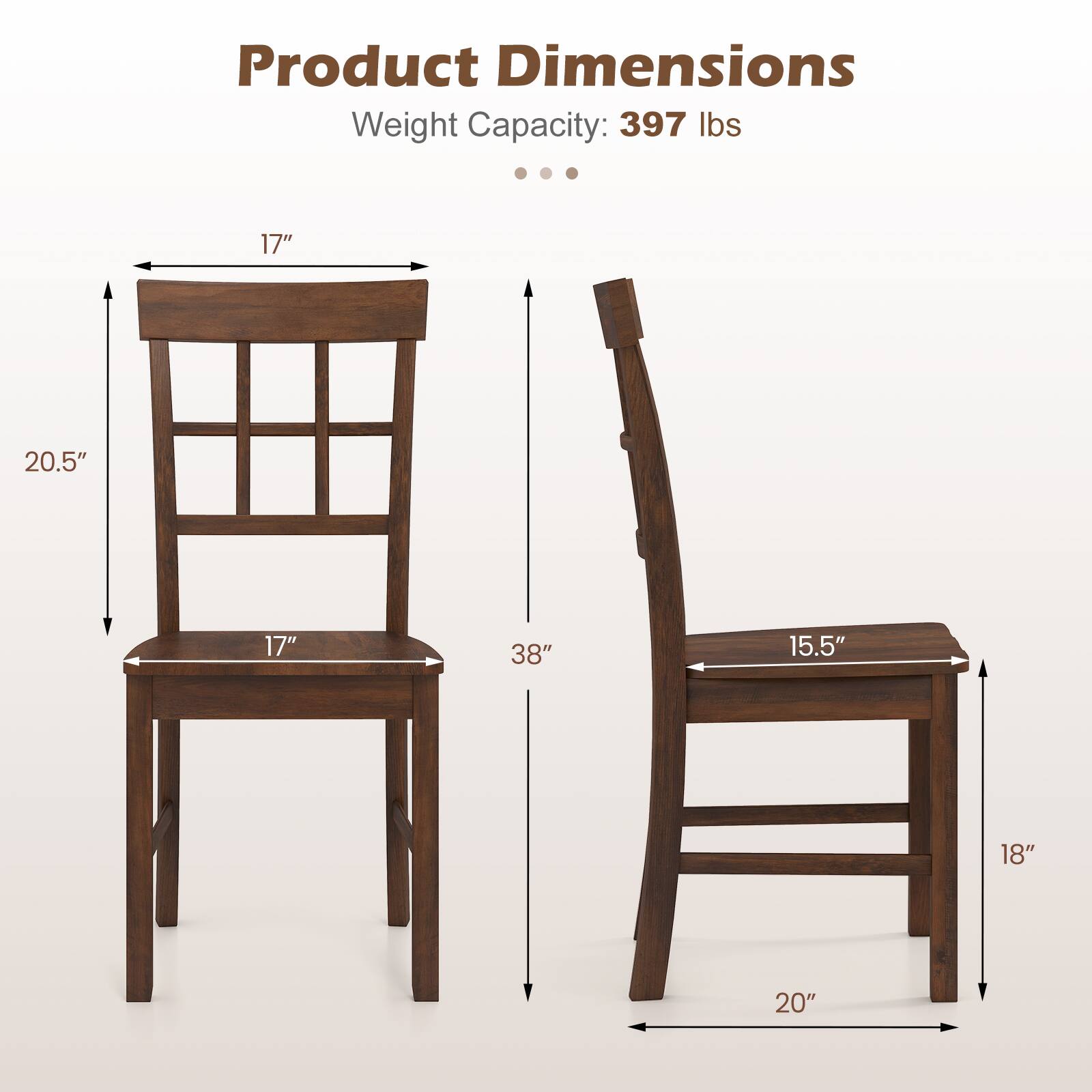 Product Dimensions  
Weight Capacity: 397 lbs  
17" x 20.5" x 17" x 38" x 15.5" x 18" x 20"