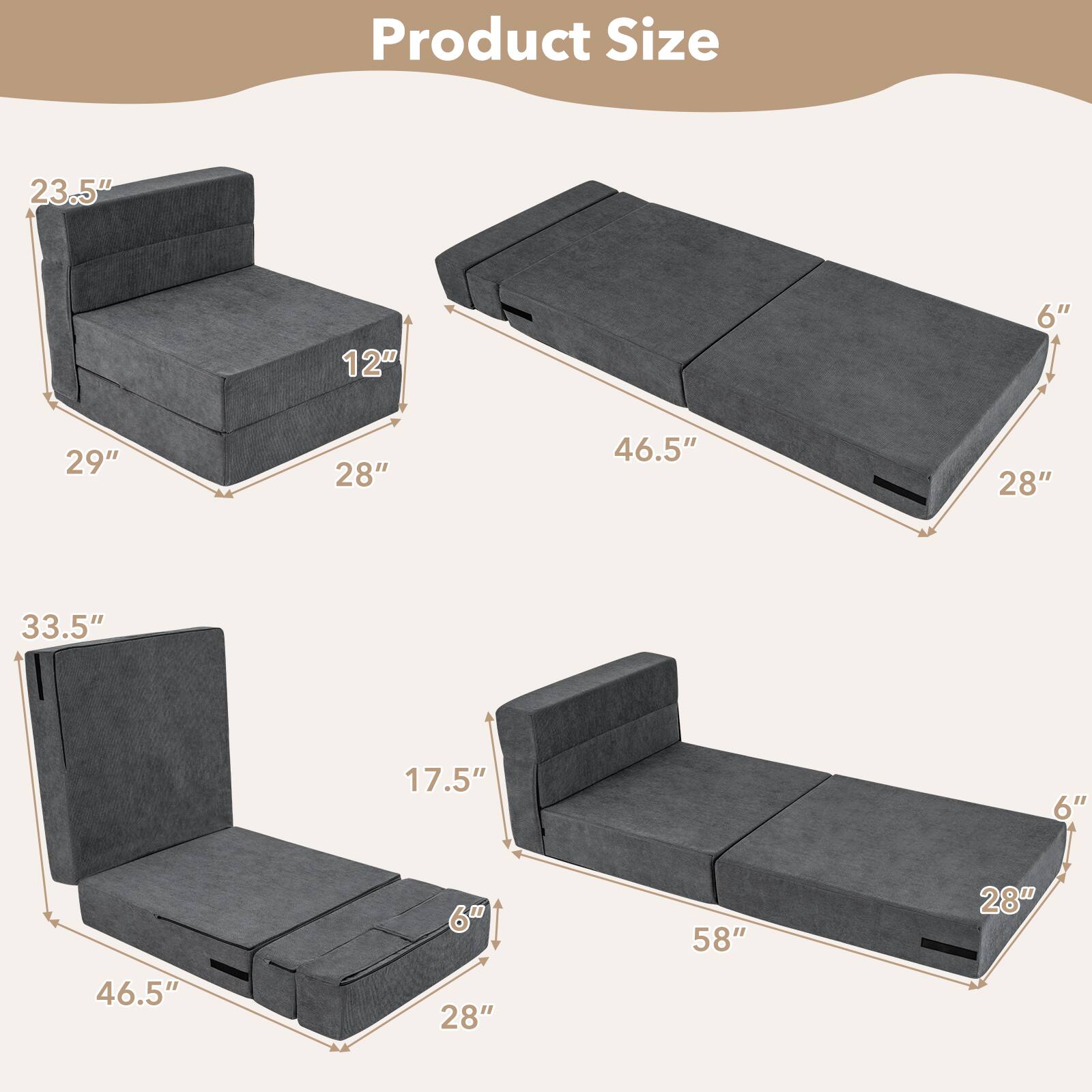 Product Size

- 23.5"
- 12"
- 29"
- 28"
- 46.5"
- 6"
- 33.5"
- 17.5"
- 58"