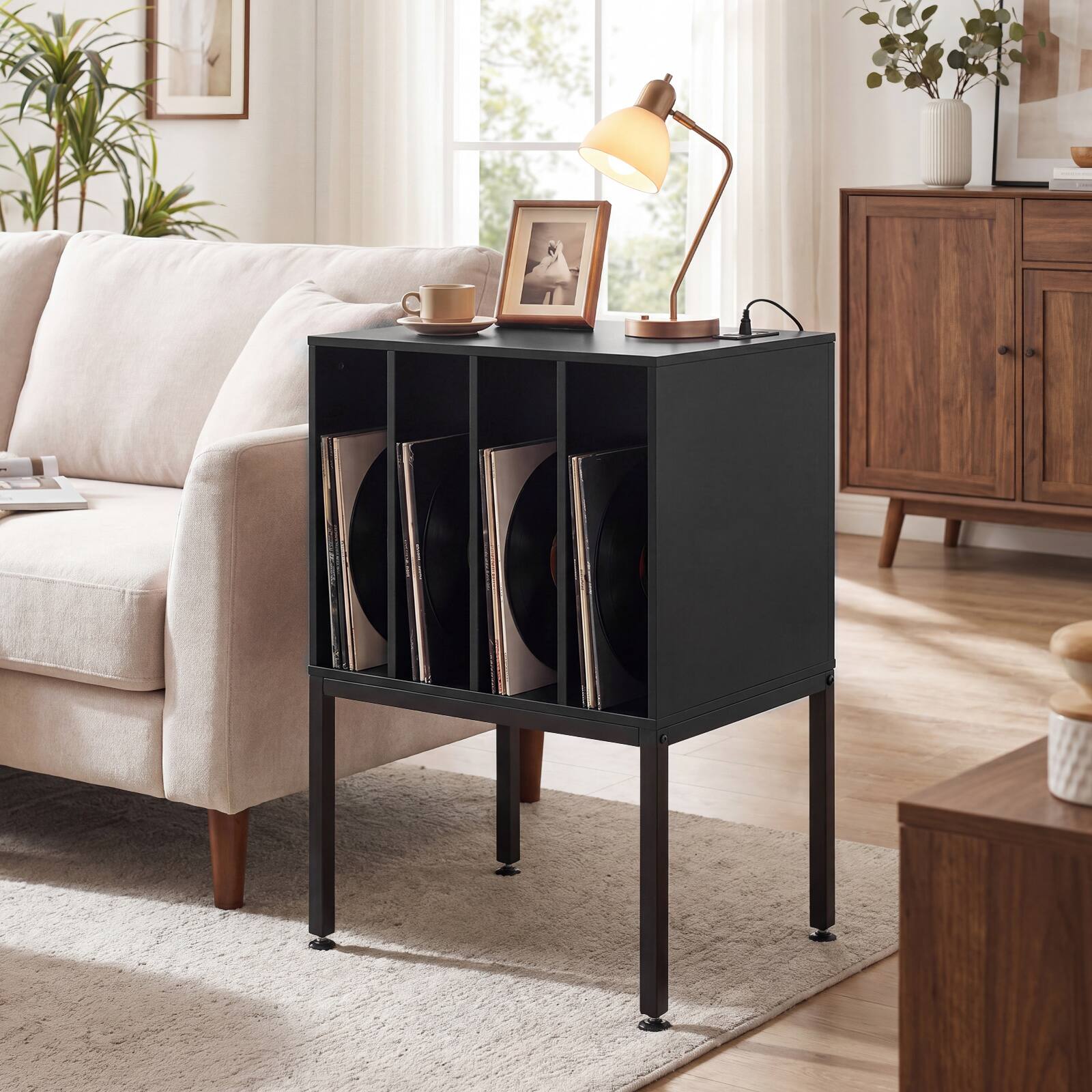 Alt View 3. Costway - Costway Record Player Stand with Power Outlets,Turntable Station with Divider Holds150 Records - Black.