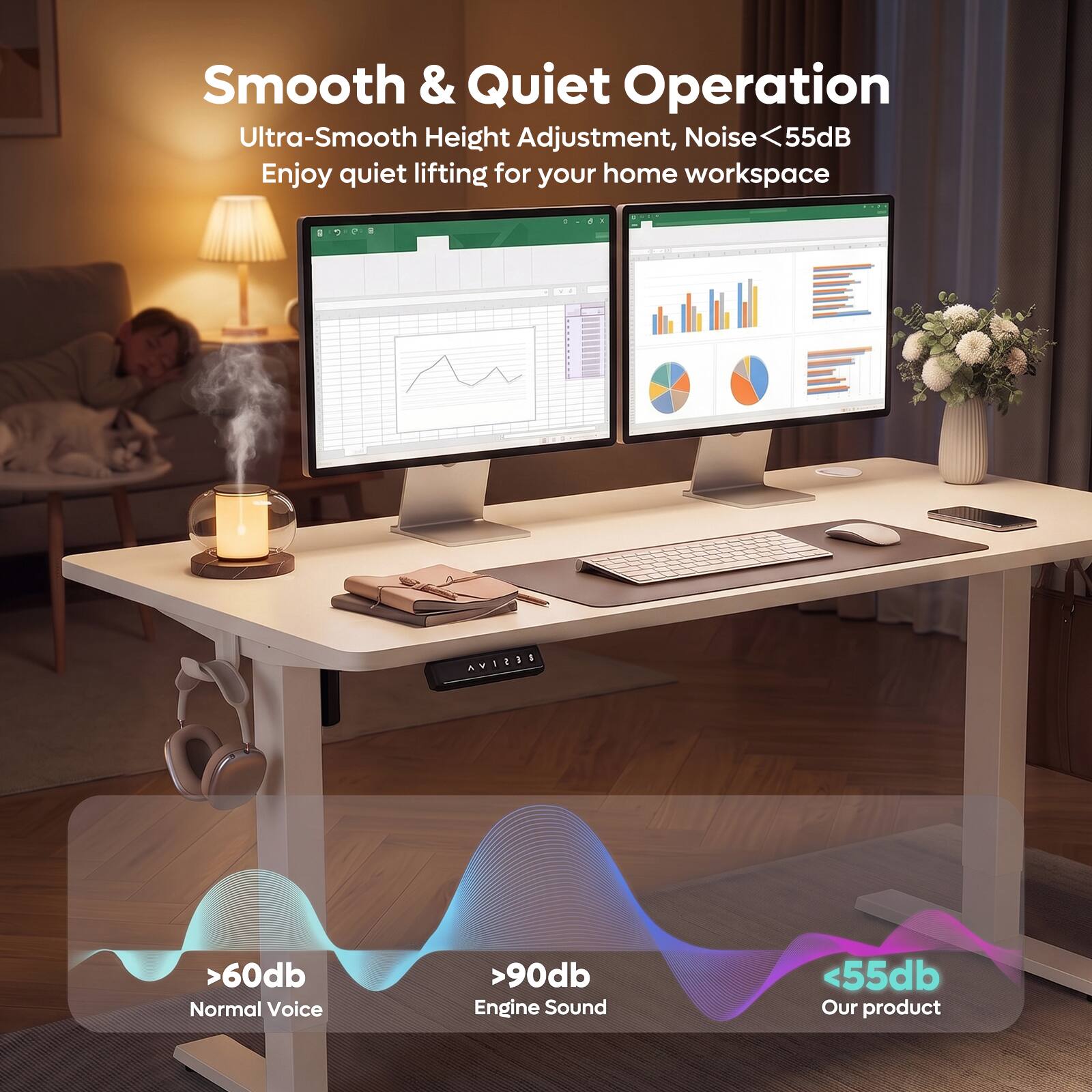 Smooth & Quiet Operation  
Ultra-Smooth Height Adjustment, Noise <55dB  
Enjoy quiet lifting for your home workspace  

>60dB  
Normal Voice  

>90dB  
Engine Sound  

<55dB  
Our product