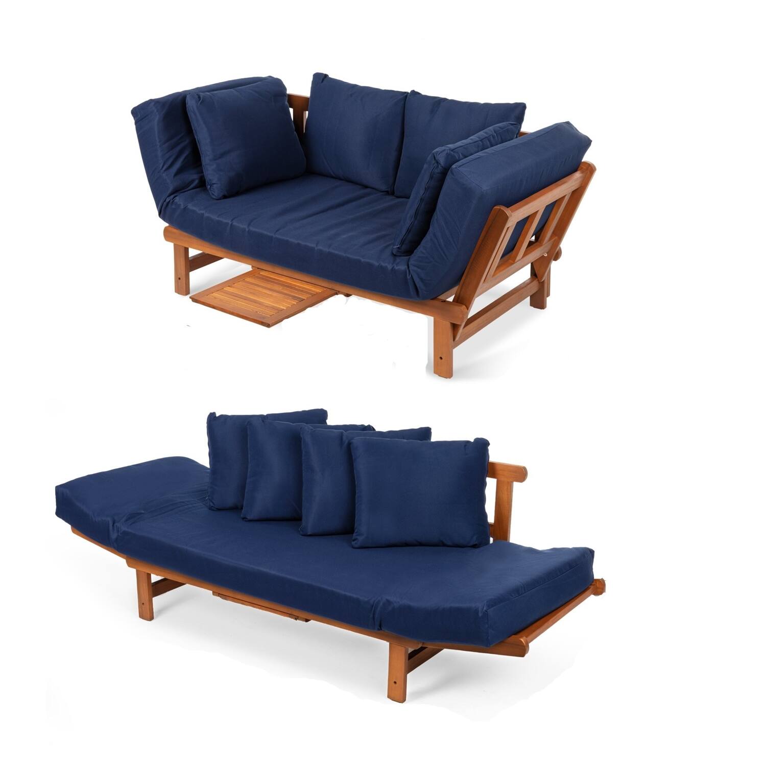 Left. Hivvago - Navy Blue Outdoor Acacia Wood Convertible Sofa Futon with 4 Removable Pillows - Navy Blue.