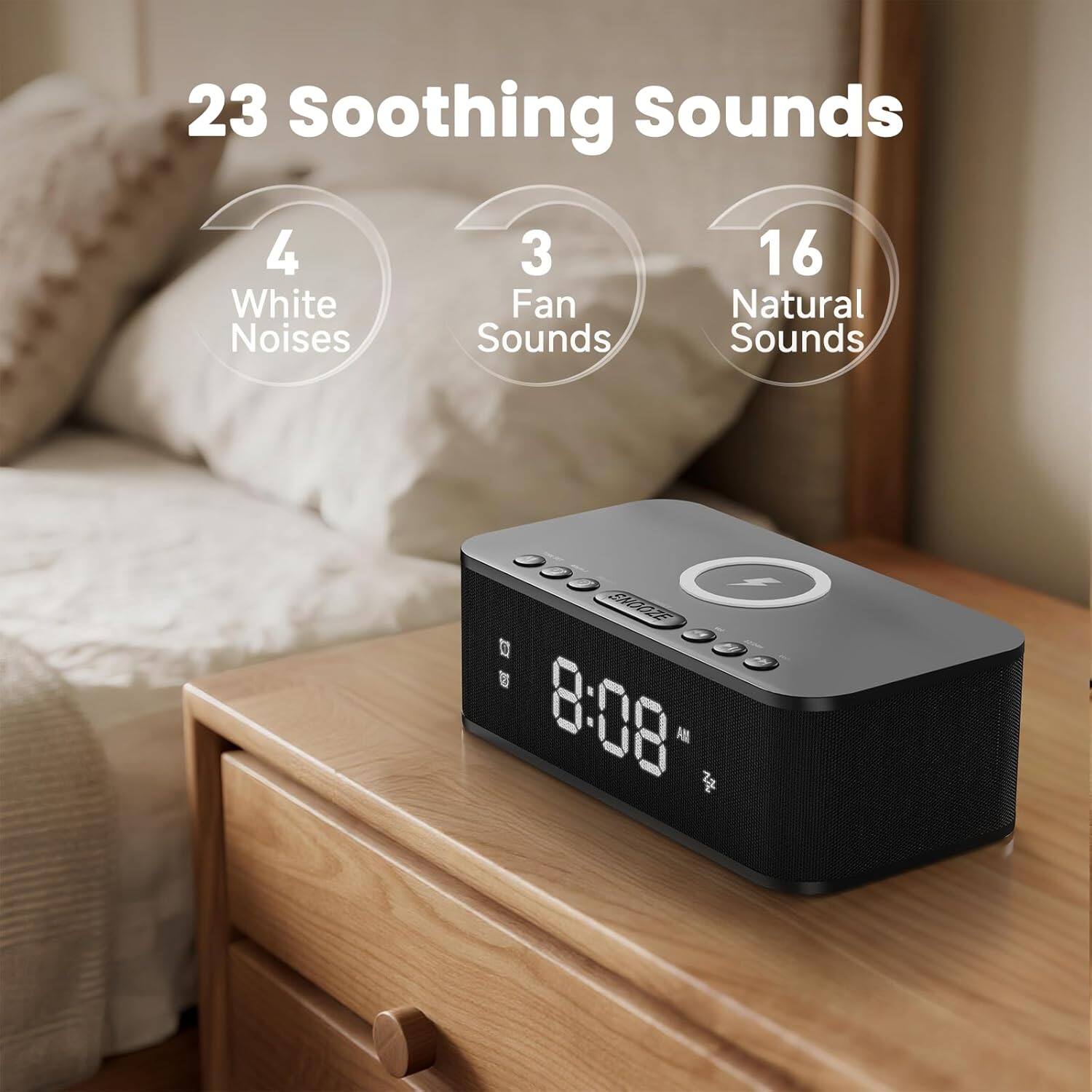 23 Soothing Sounds  
4 White Noises  
3 Fan Sounds  
16 Natural Sounds  

8:08