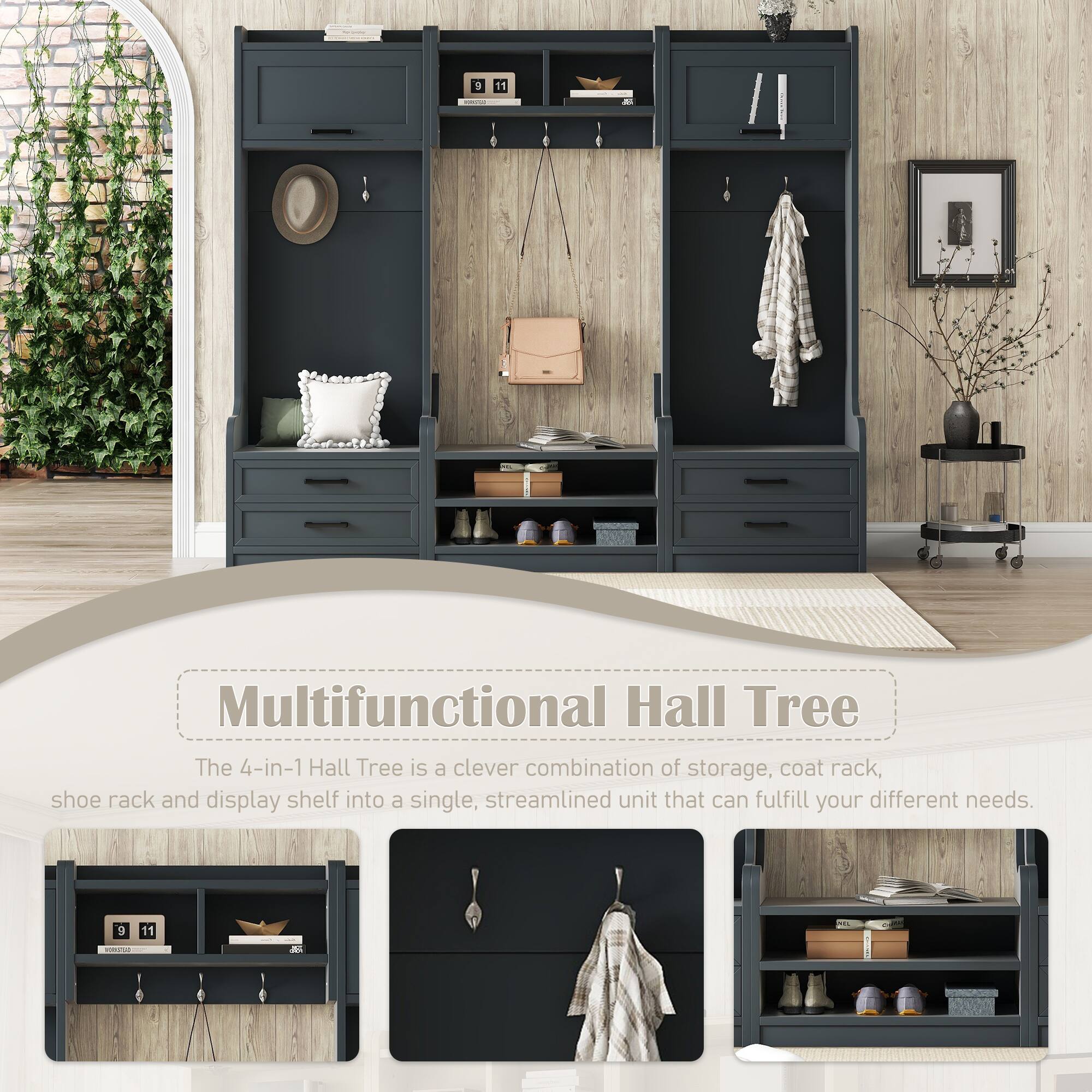 Multifunctional Hall Tree

The 4-in-1 Hall Tree is a clever combination of storage, coat rack, shoe rack and display shelf into a single, streamlined unit that can fulfill your different needs.