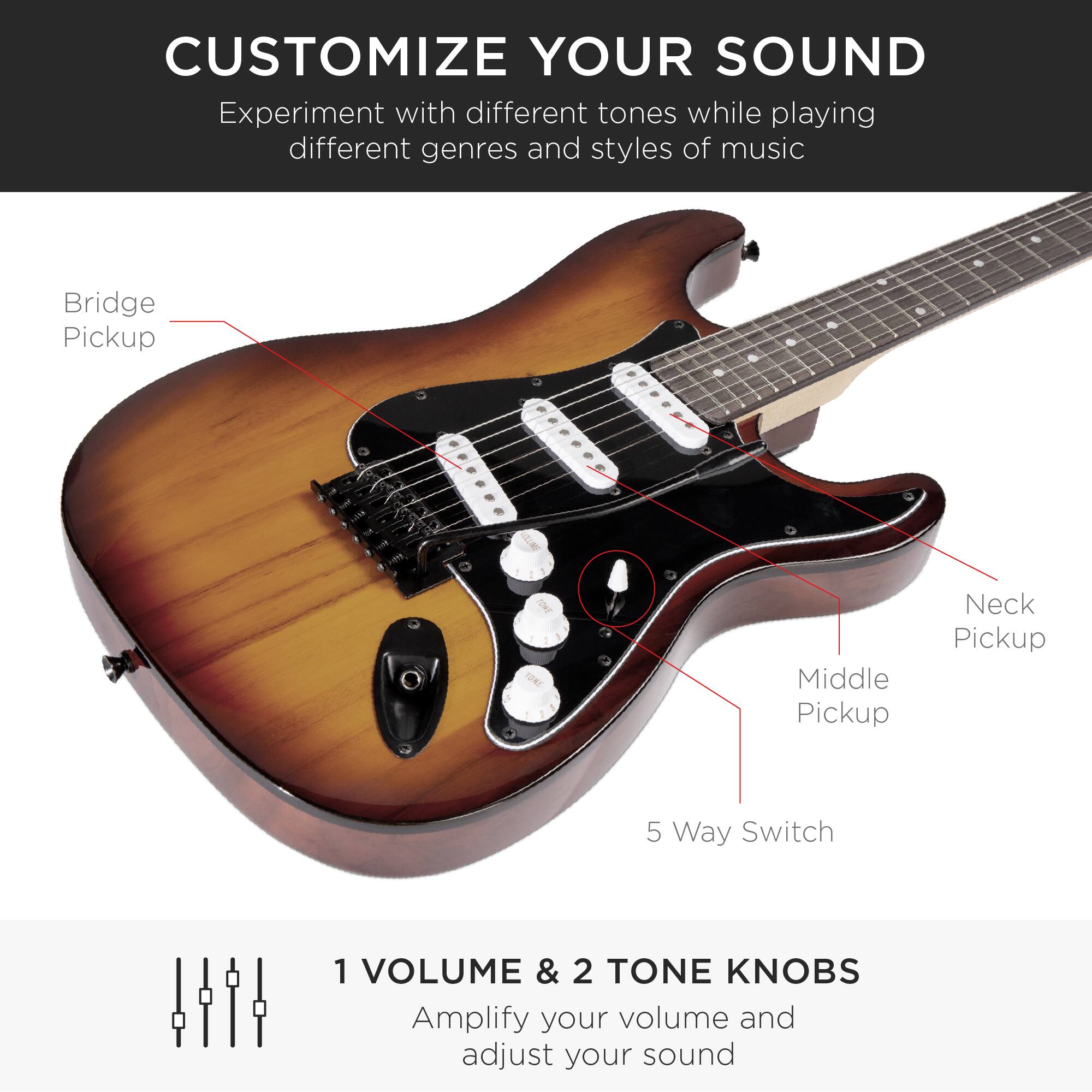 **CUSTOMIZE YOUR SOUND**

Experiment with different tones while playing different genres and styles of music

- Bridge Pickup
- Neck Pickup
- Middle Pickup
- 5 Way Switch

**1 VOLUME & 2 TONE KNOBS**

Amplify your volume and adjust your sound
