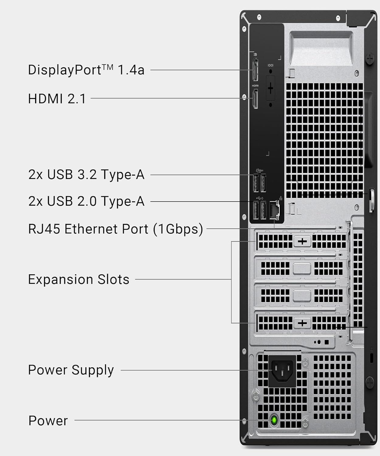 - DisplayPort™ 1.4a
- HDMI 2.1
- 2x USB 3.2 Type-A
- 2x USB 2.0 Type-A
- RJ45 Ethernet Port (1Gbps)
- Expansion Slots
- Power Supply
- Power