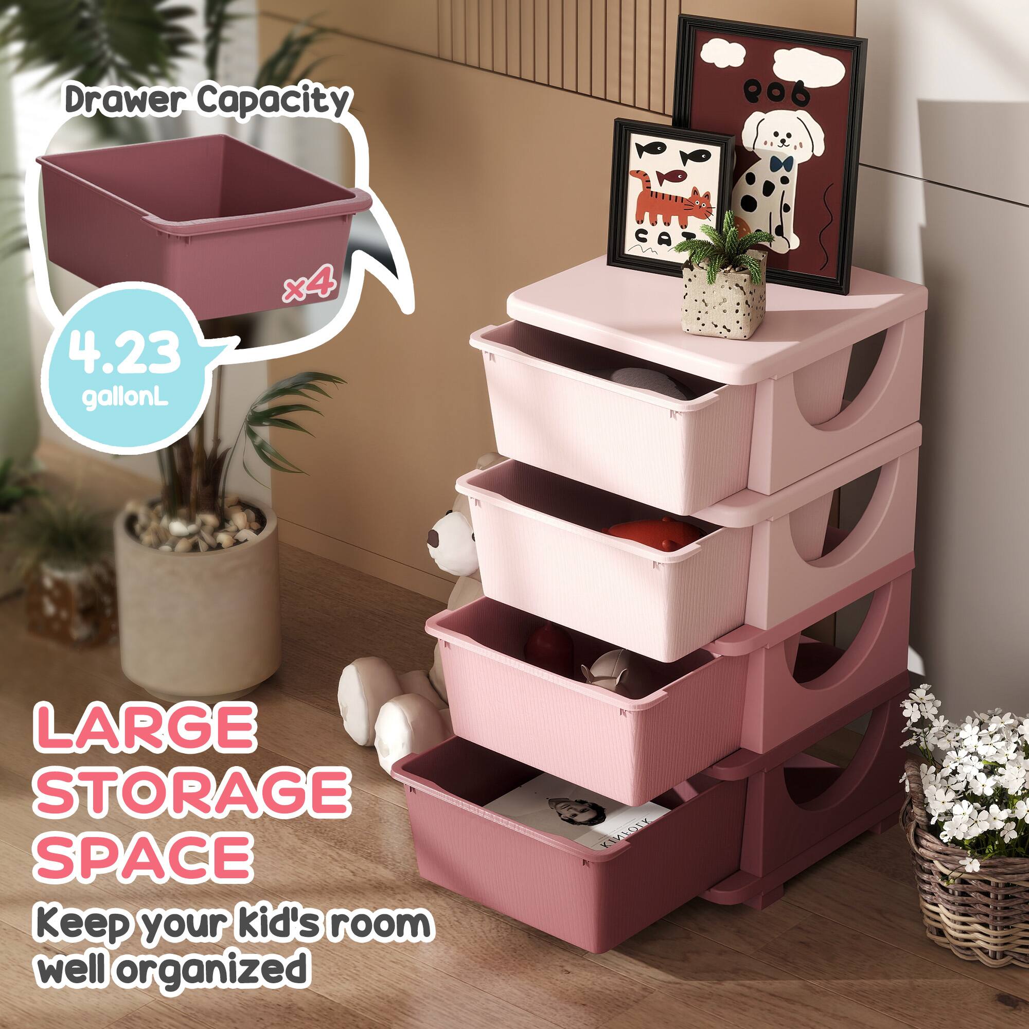 Drawer Capacity  
4.23 gallonL x4  

LARGE STORAGE SPACE  
Keep your kid's room well organized