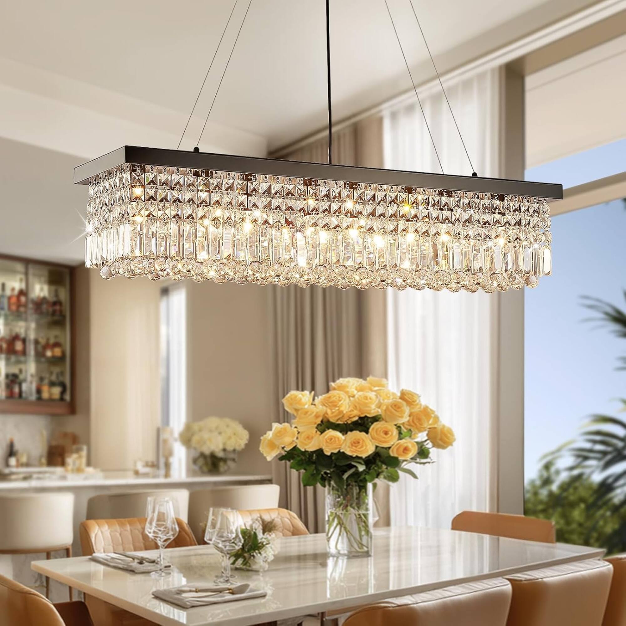 Alt View 4. Siljoy - 47.2" 10-Light Black Linear Crystal Chandelier, Adjustable K9 Crystal Pendant Light for Kitchen Island Dining Room - Black.
