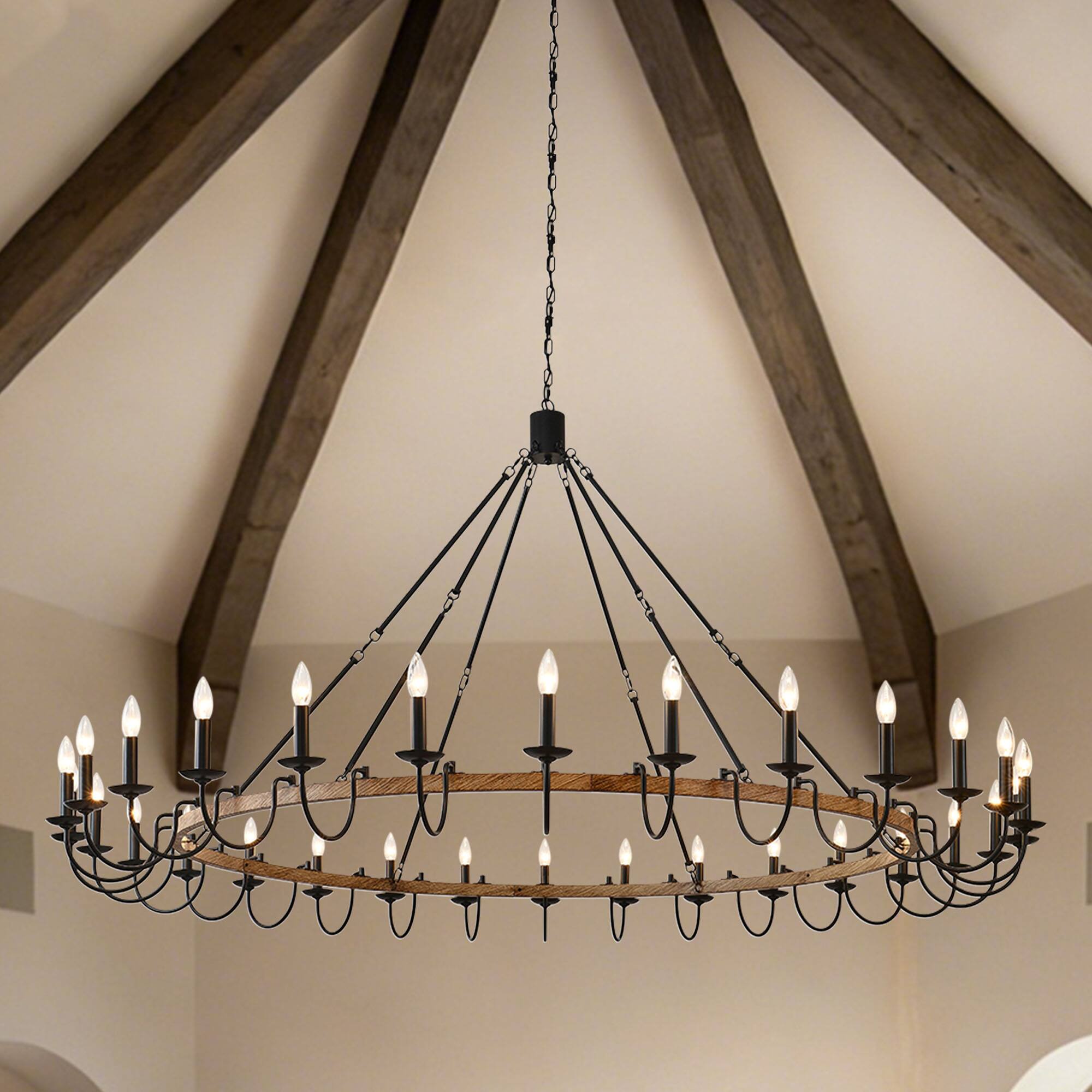 Front. RYHNUYNE - BAOURE 30-Light Rustic Wagon Wheel Chandelier,Farmhouse Dining Room Light Fixture,Round Wood Chandelier for Living Room - Black.