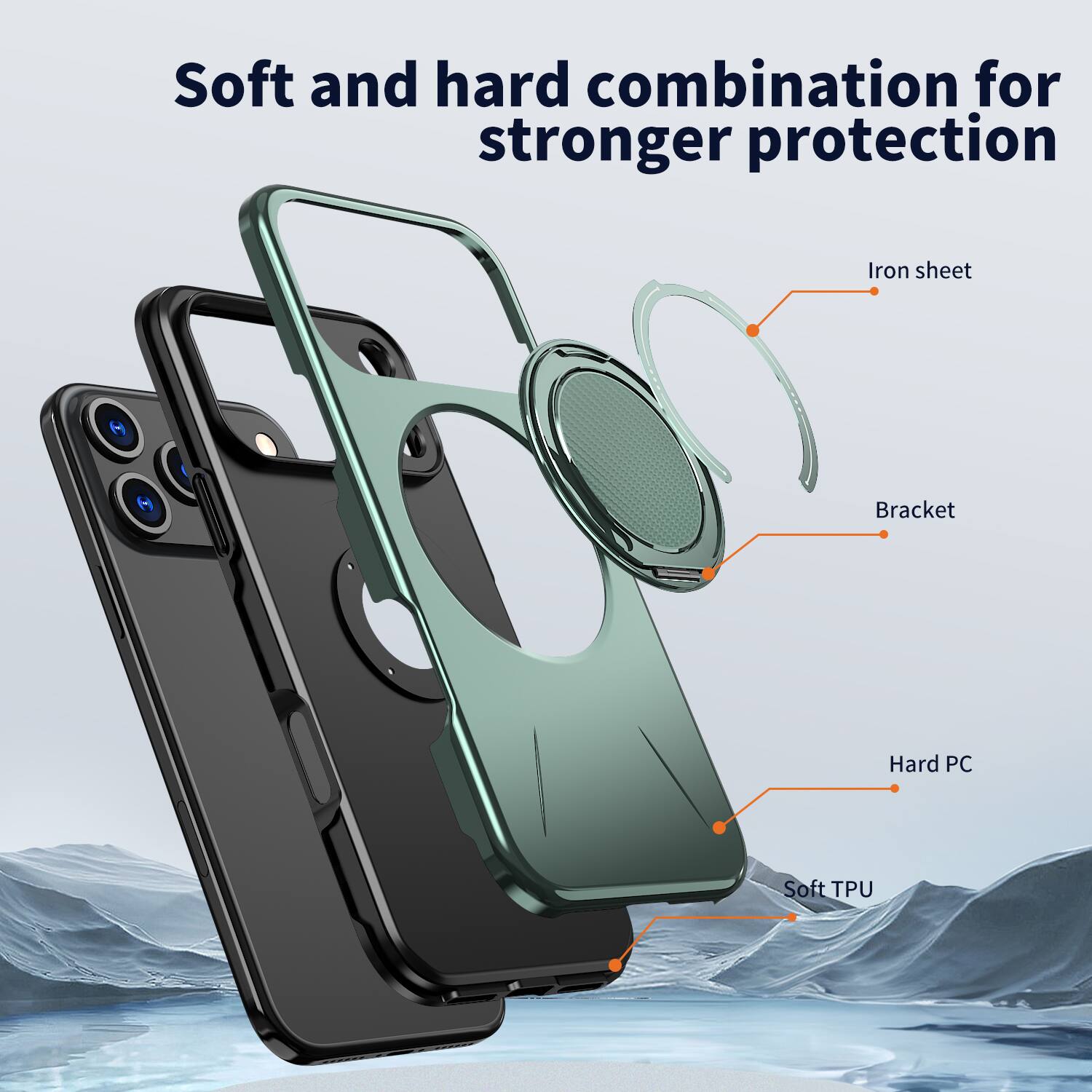 Soft and hard combination for stronger protection  
Iron sheet  
Bracket  
Hard PC  
Soft TPU