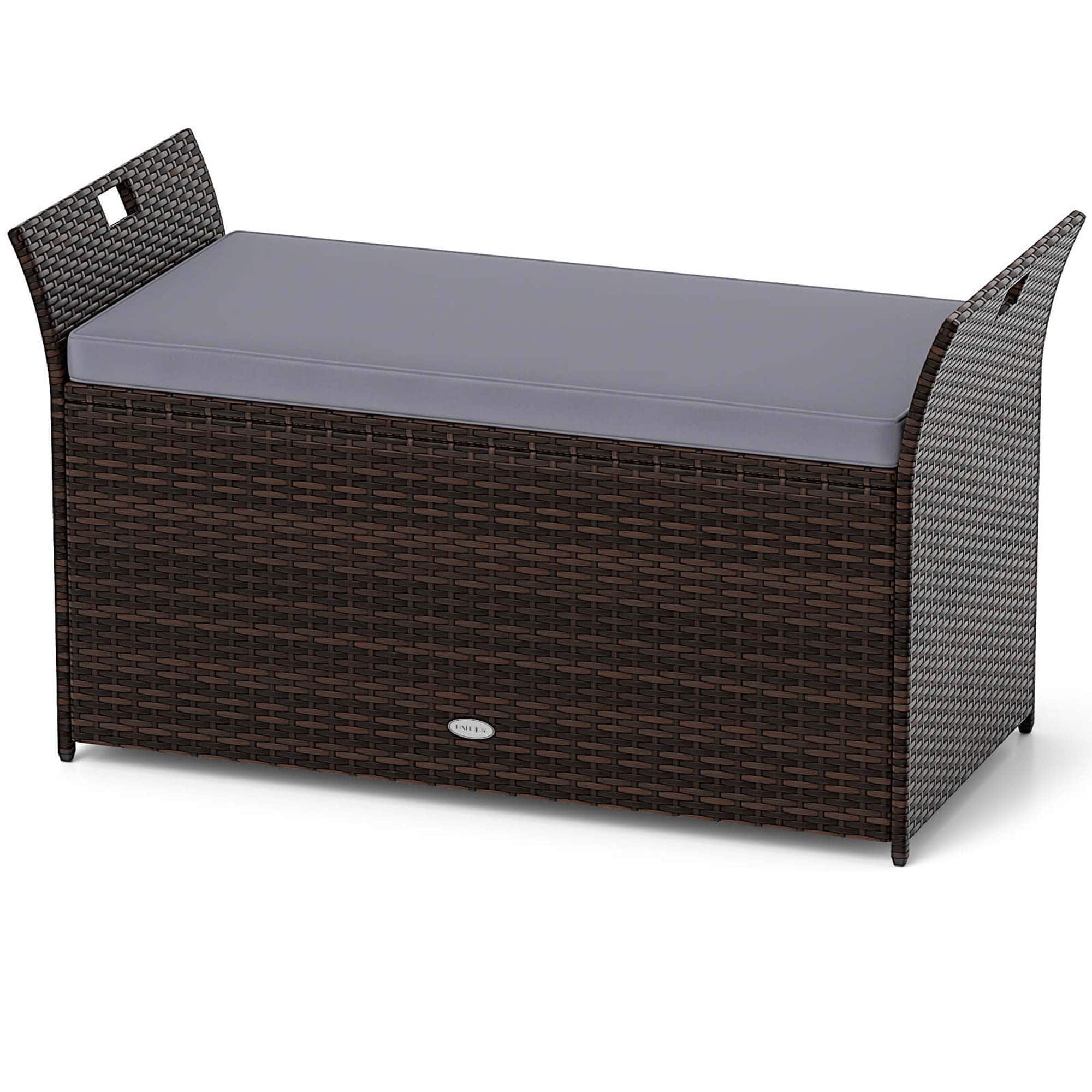Front. Costway - Costway Outdoor Bench with Hand-woven PE Rattan Wicker Cushion & Side Handles Storage - Gray.