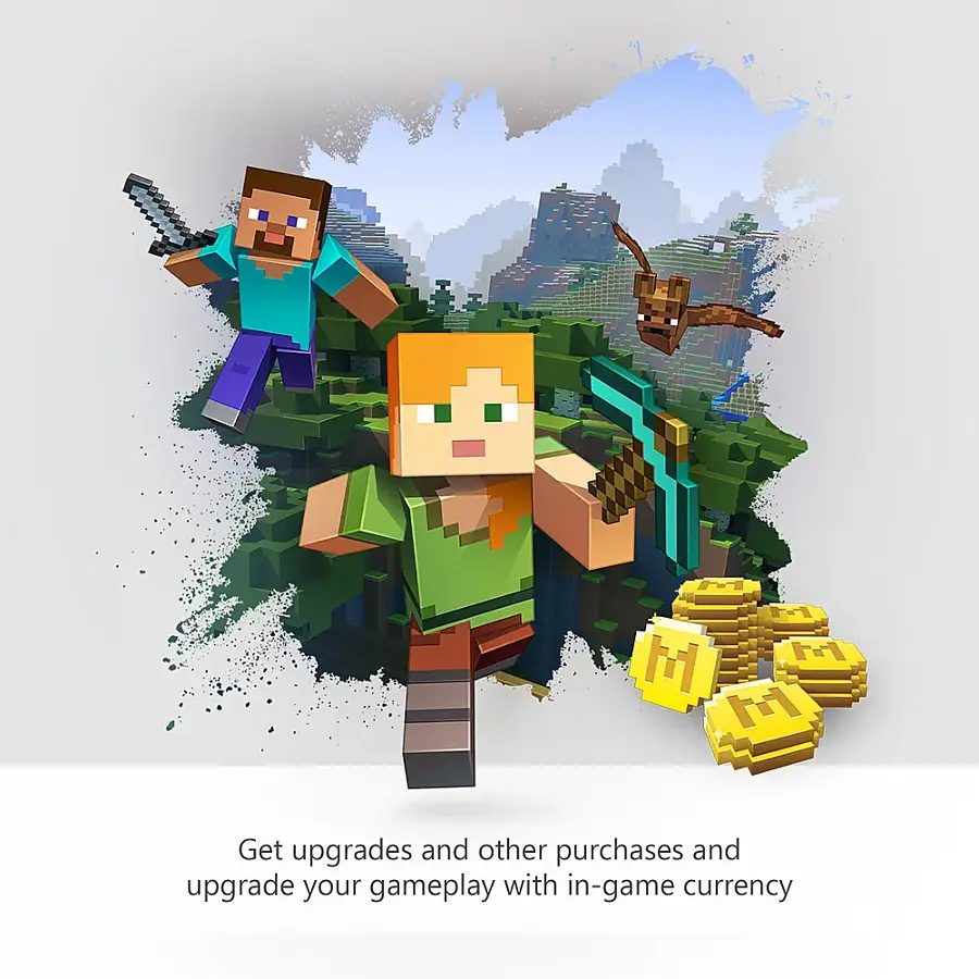 The image showcases a character from the popular video game Minecraft, who is holding a sword and standing in a forest. The character is surrounded by various elements from the game, such as a bird and a pile of gold coins. The scene suggests that the player can use in-game currency to upgrade their gameplay and make purchases within the game.