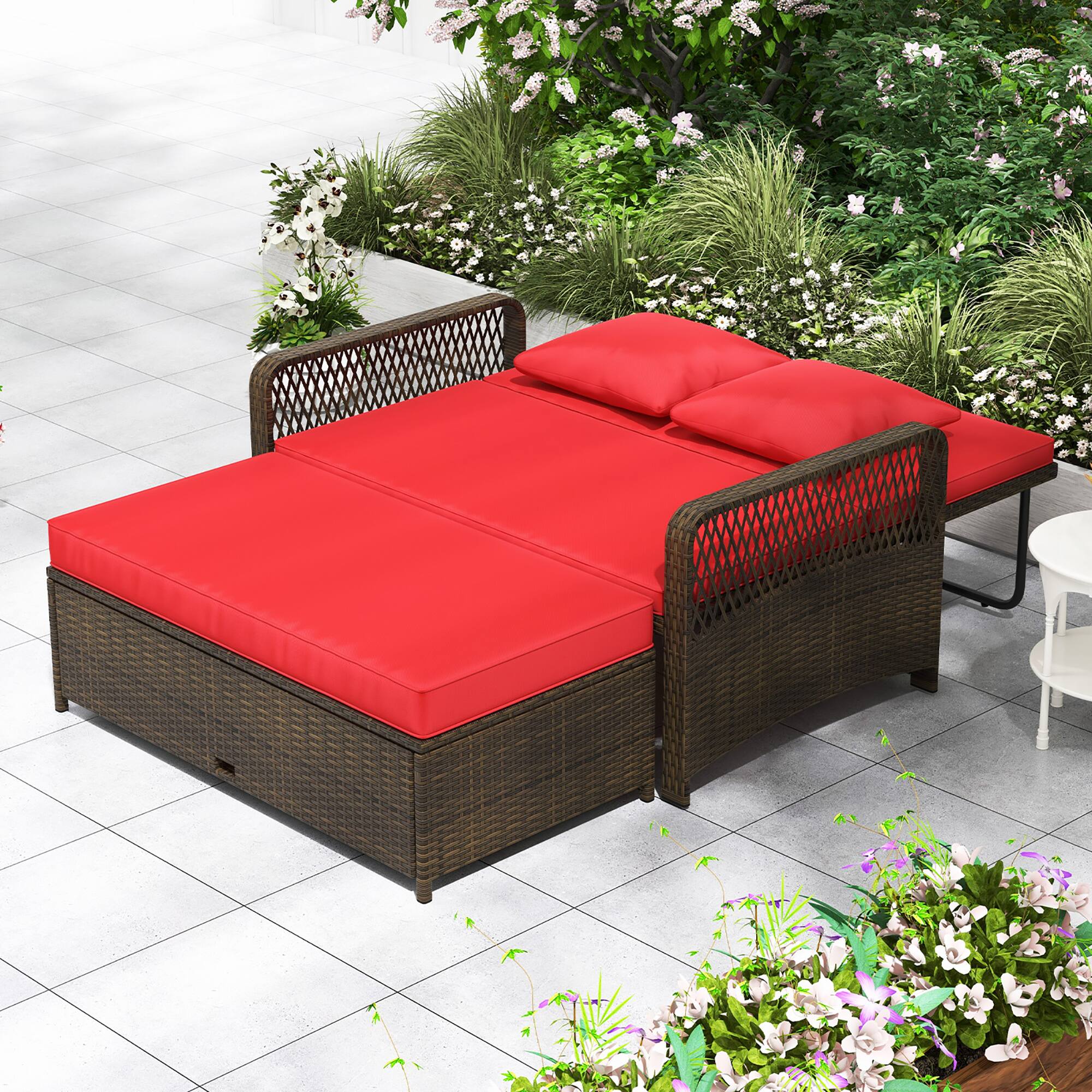Alt View 3. Gymax - Gymax Patio Rattan Daybed Wicker Loveseat Sofa w/ Multifunctional Ottoman Red - Red.
