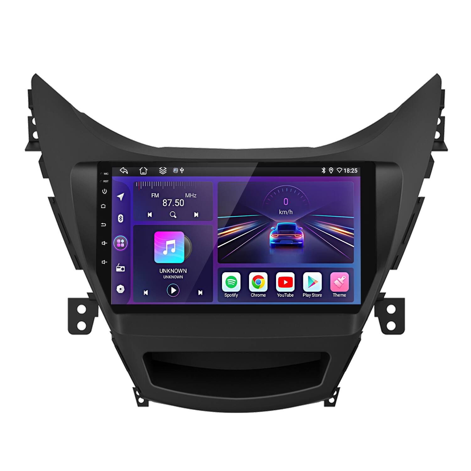 - 18:25 - FM 87.50 MHz 0 km/h UNKNOWN UNKNOWN Spotify Chrome YouTube Play Store Theme