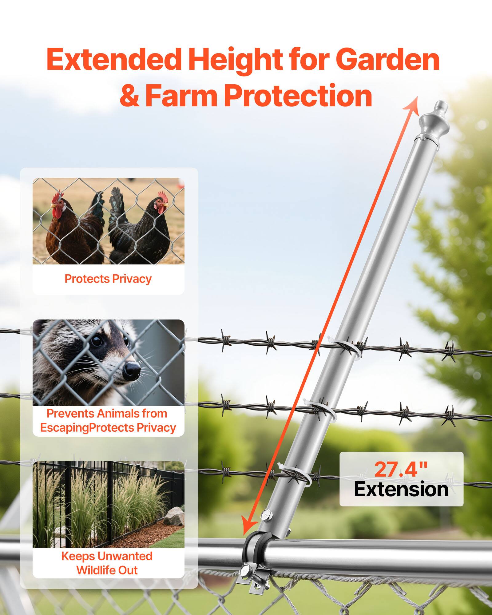 Extended Height for Garden & Farm Protection  
Protects Privacy  
Prevents Animals from Escaping  
Protects Privacy  
27.4" Extension  
Keeps Unwanted Wildlife Out