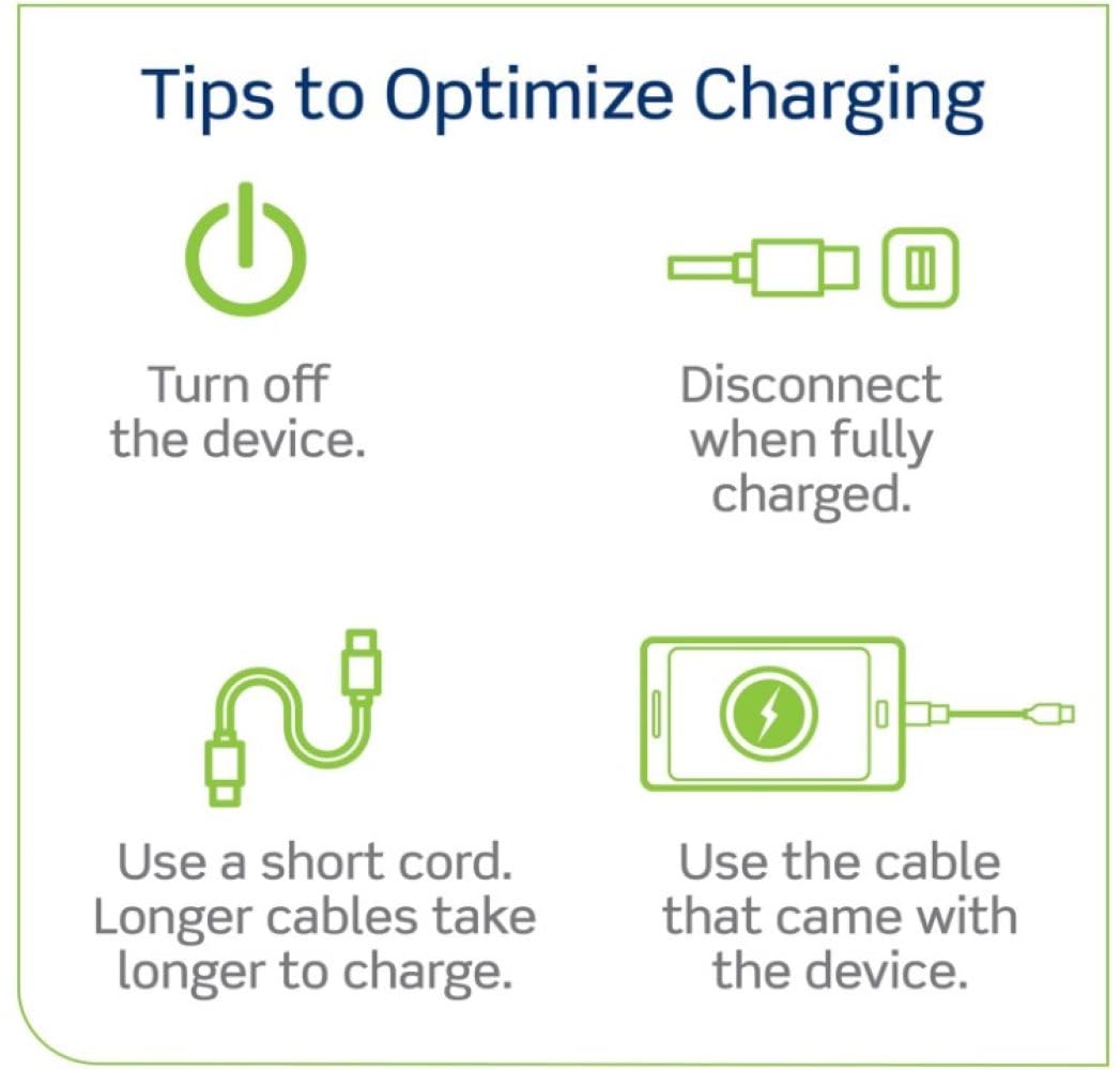 Tips to Optimize Charging

- Turn off the device.
- Disconnect when fully charged.
- Use a short cord. Longer cables take longer to charge.
- Use the cable that came with the device.