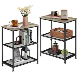 Vecelo - Industrial 3-Tier Tall Side Table with Storage Shelves, Vintage Wood and Metal End Table for Living Room, Bedroom - 2*Gray