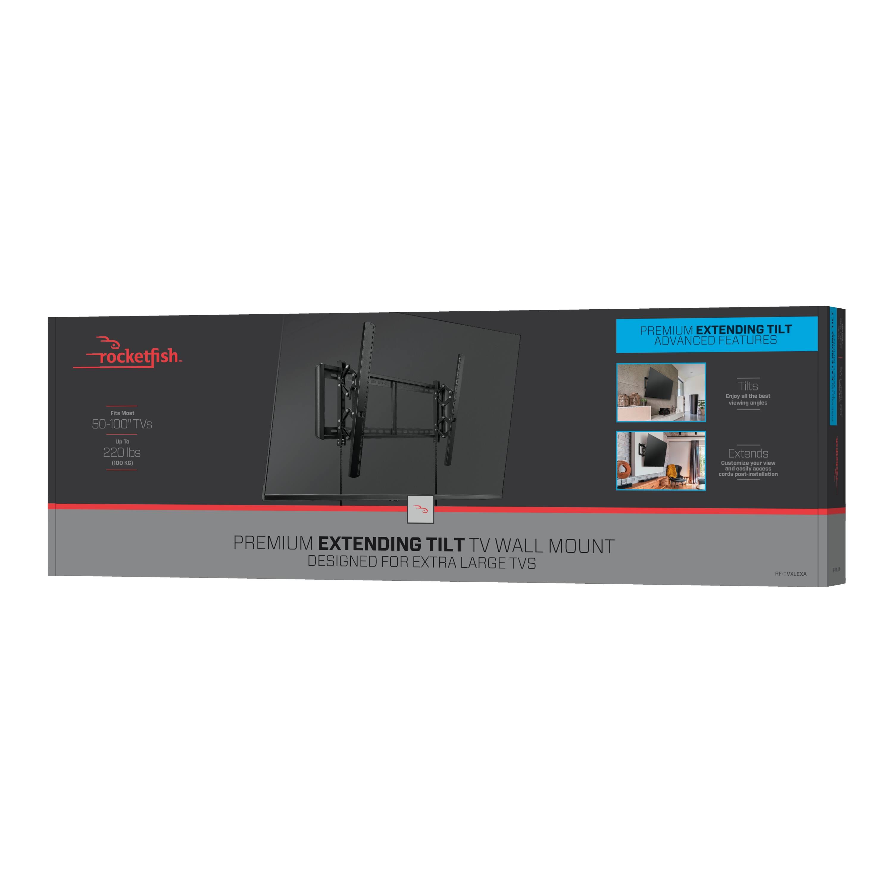 Rocketfish  
PREMIUM EXTENDING TILT TV WALL MOUNT  
DESIGNED FOR EXTRA LARGE TVs  

Fit Mount  
50-100" TVs  
Up to 220 lbs  

Premium Extending Tilt  
Advanced Features  
Tilt  
Extend the tilt to the best angle for your viewing experience  

Extends  
Customize your viewing experience with 18" extension  

RF-PROXEA
