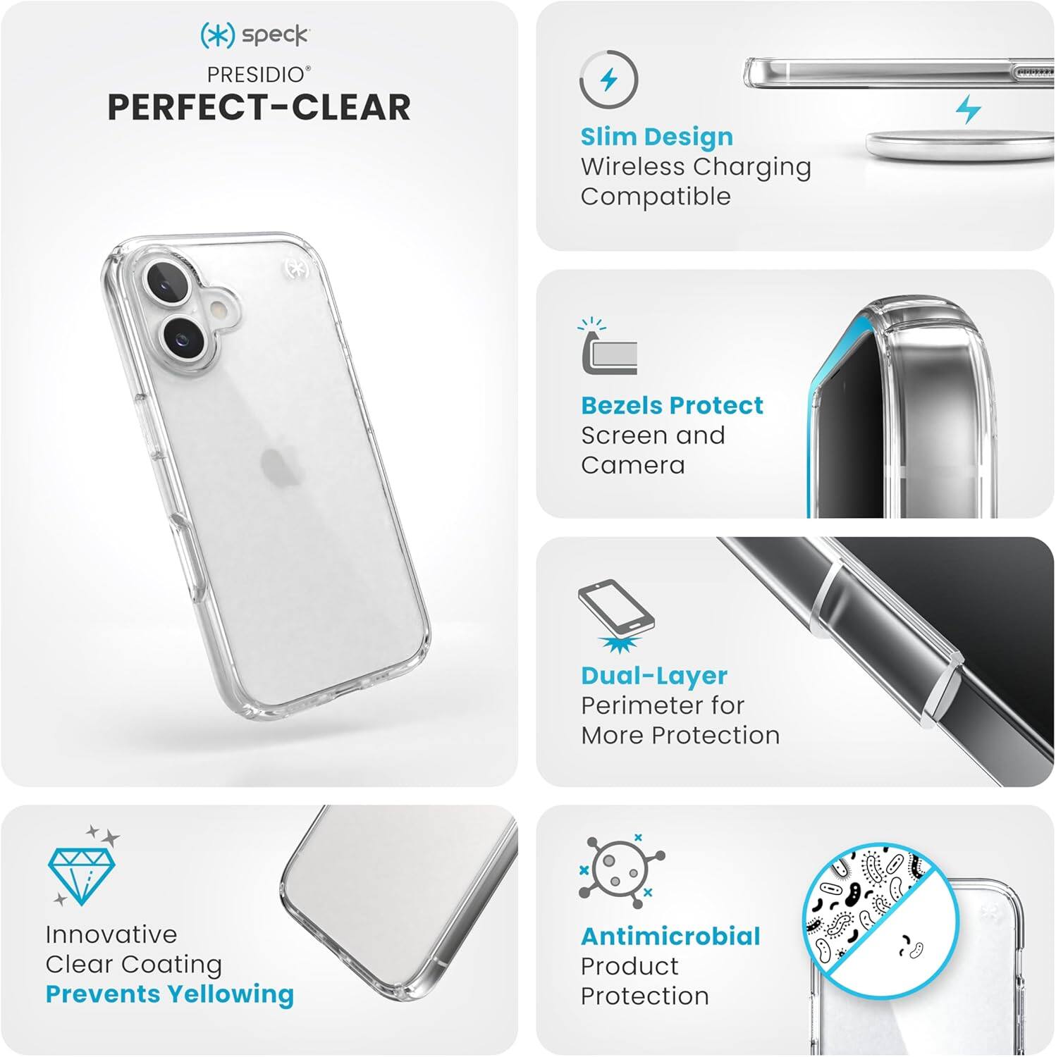 speck PRESIDIO* PERFECT-CLEAR

- Slim Design
- Wireless Charging Compatible
- Bezels Protect Screen and Camera
- Dual-Layer Perimeter for More Protection
- Innovative Clear Coating Prevents Yellowing
- Antimicrobial Product Protection
