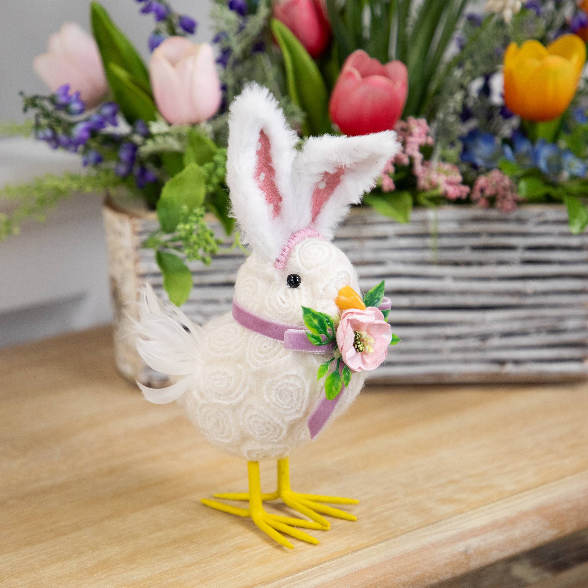 Alt View 1. Northlight - Floral Easter Chick with Polka Dot Faux Fur Rabbit Ears Figurine - 8.75" - White.