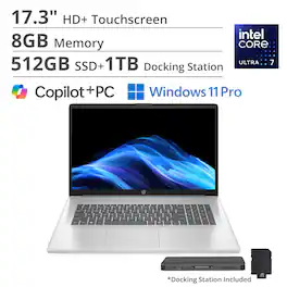 HP - 17.3" HD+ Touchscreen Laptop,Intel Ultra 7 255U,8GB DDR4,512GB SSD+1TB Dock Set,Backlit Keyboard,Win 11 Pro - Blue