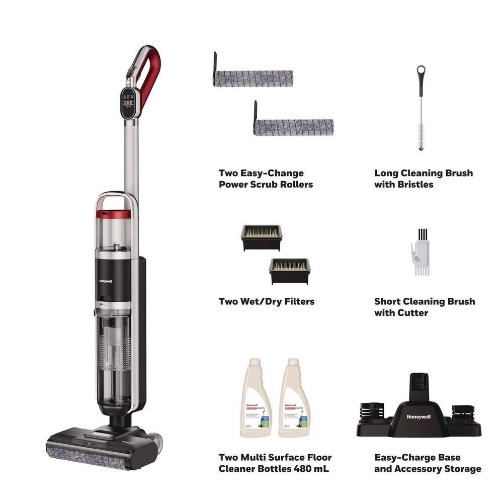 - Two Easy-Change Power Scrub Rollers
- Long Cleaning Brush with Bristles
- Two Wet/Dry Filters
- Short Cleaning Brush with Cutter
- Two Multi Surface Floor Cleaner Bottles 480 mL
- Easy-Charge Base and Accessory Storage