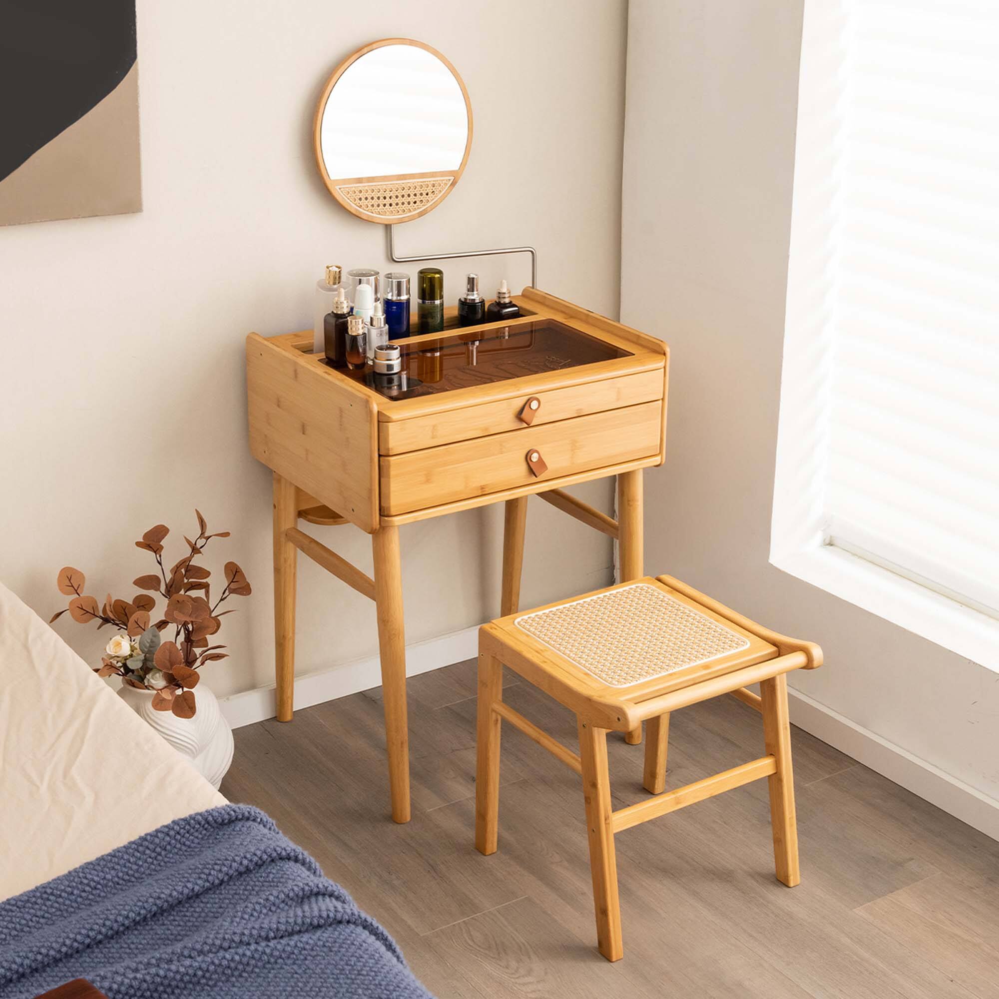 Alt View 3. Costway - Costway Makeup Vanity Table with Adjustable Mirror Bamboo Dressing Table 2 Drawers - Natural.