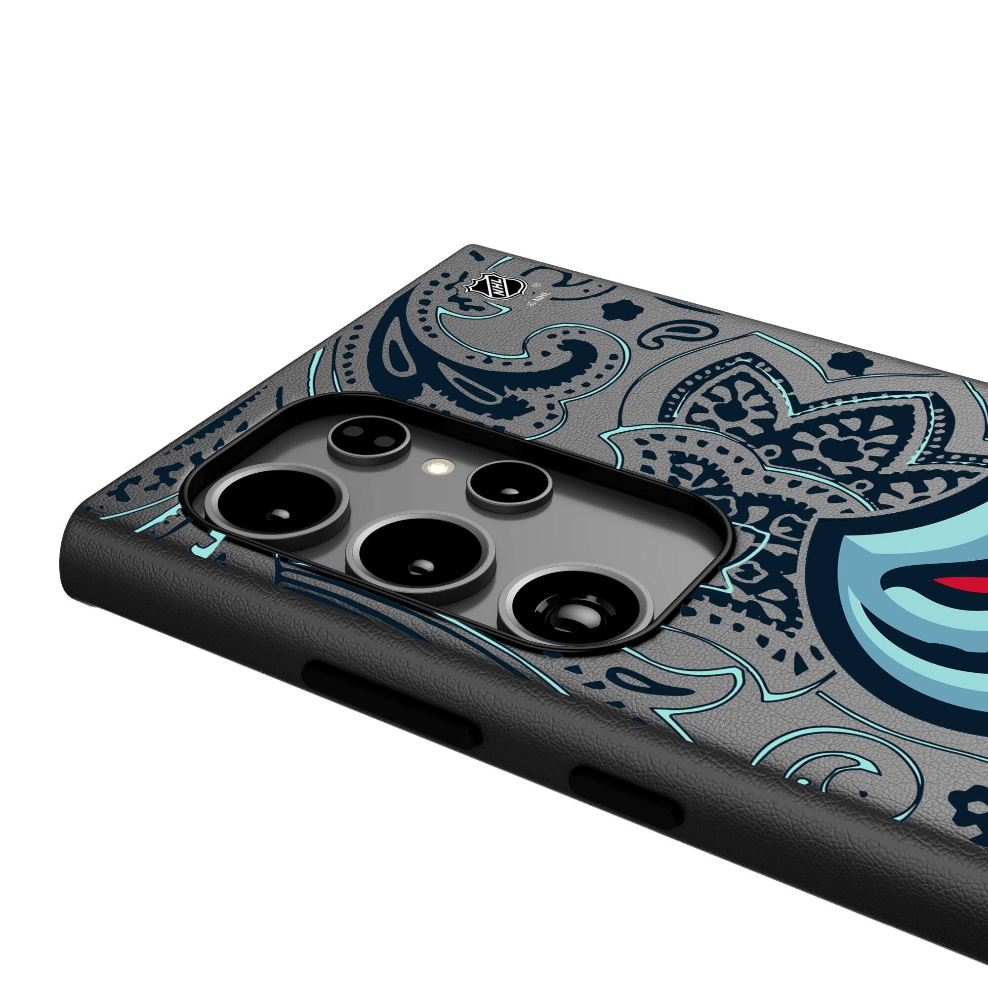 Alt View 3. Keyscaper - Seattle Kraken Paisley Galaxy Magnetic Bump Case - S24 Ultra - Black.