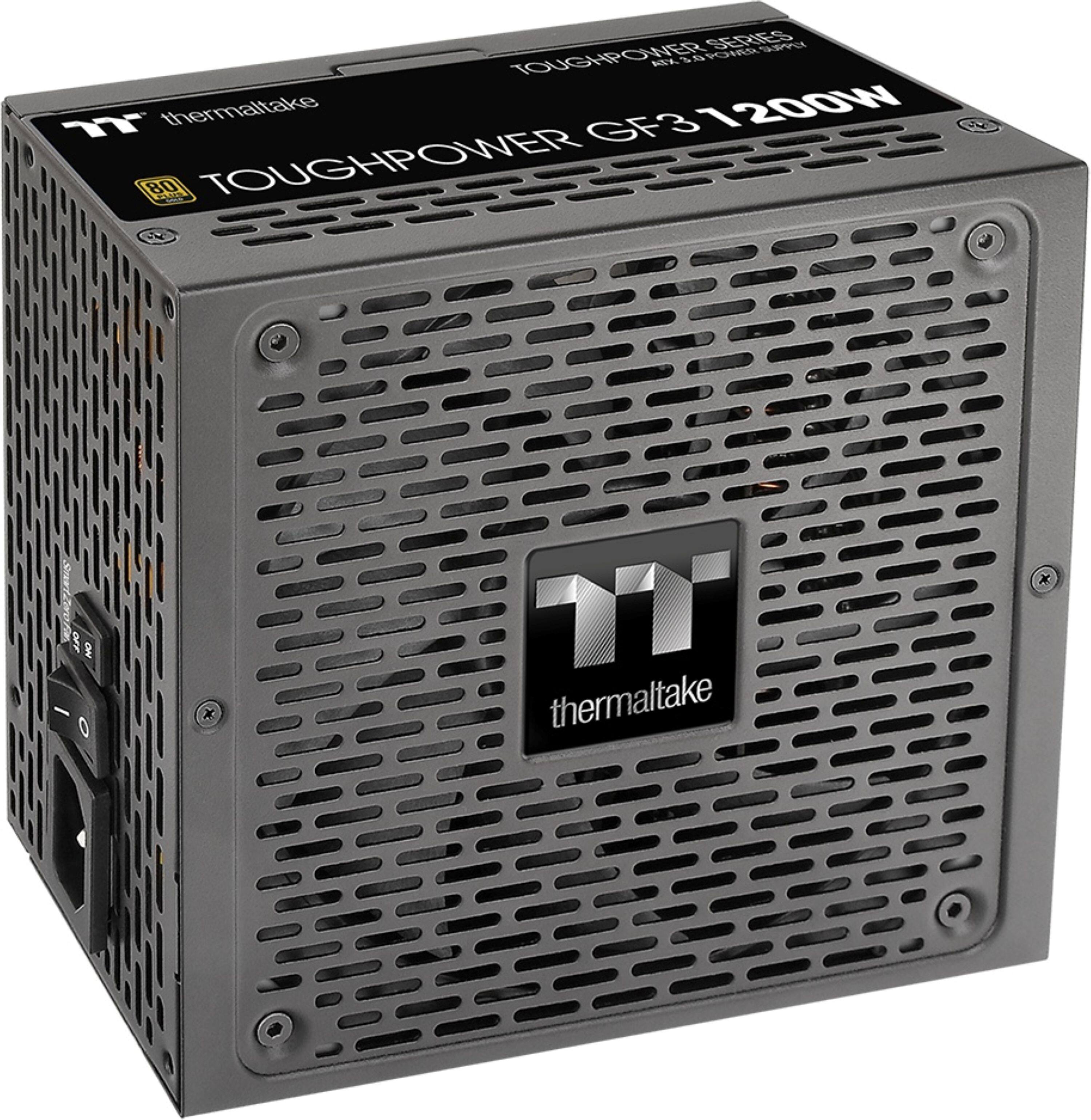 The text on the image reads: "TOUGHPOWER GF3 1200W 80 PLUS BRONZE CERTIFIED THERMATAKE". This suggests that the product is a power supply unit from the brand Thermaltake, with a capacity of 1200 watts and an 80 PLUS Bronze certification, indicating its energy efficiency.