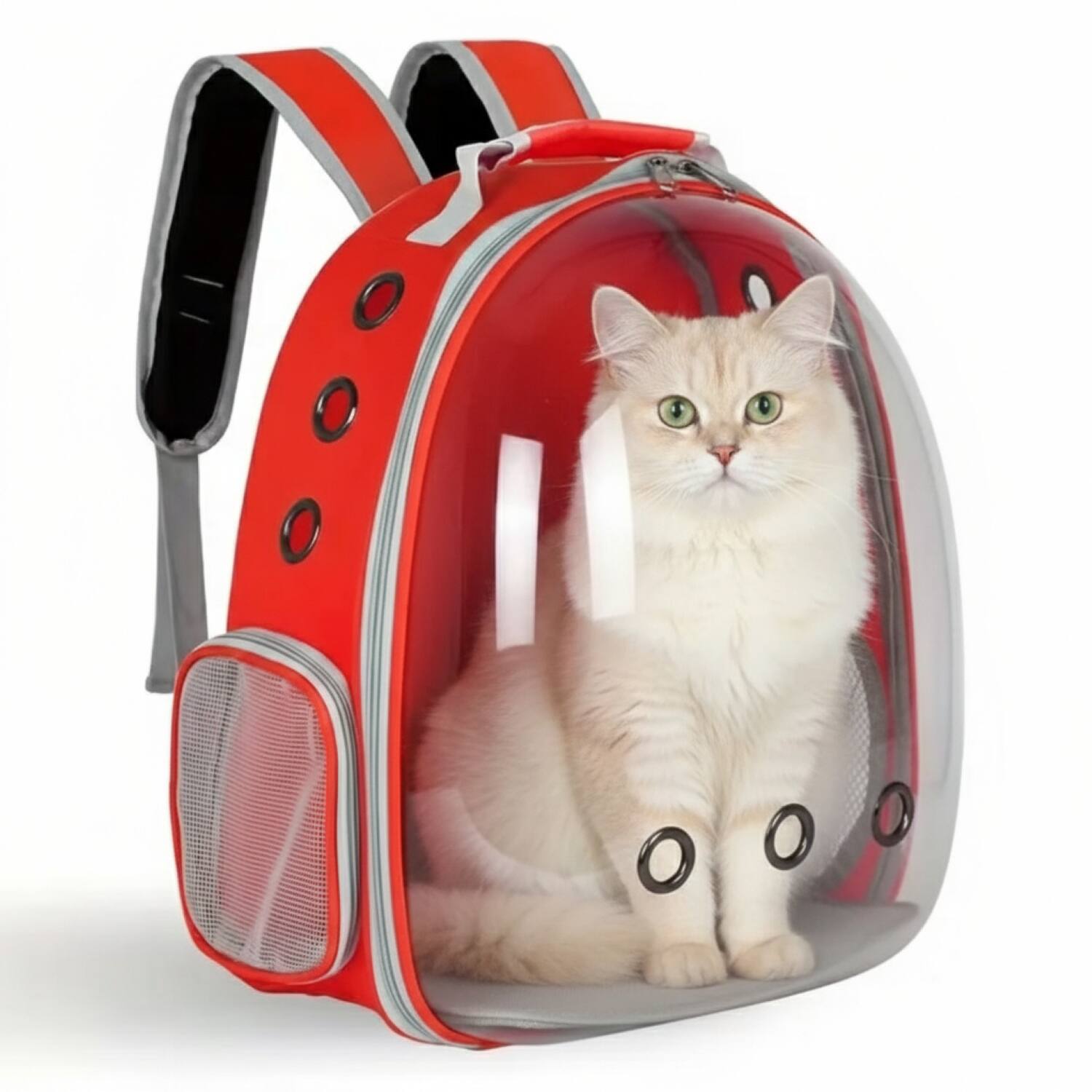 Front. ProMounts - Breathable Transparent Pet Carrier for Cats & Small Dogs, Red Space Capsule Travel Bag Backpack - Red.