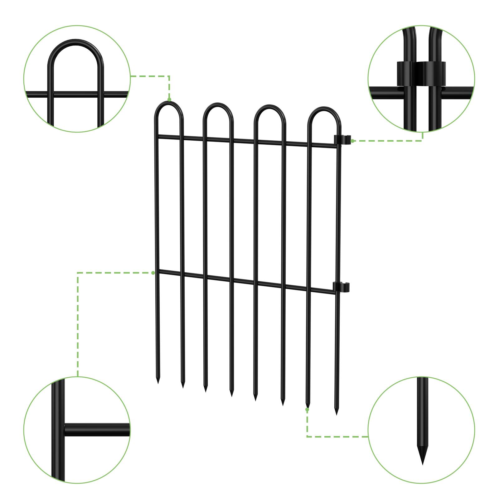 Left. Oumilen - 25-Pack Decorative Garden Fence Panels, 16.5in Tall No Dig Black Metal Animal Barrier with 1.8in Spike Spacing.