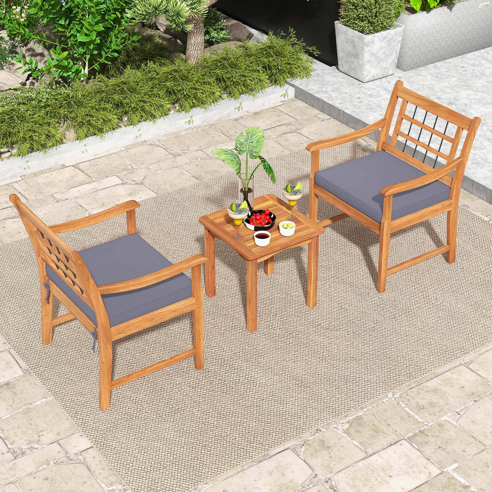 Alt View 3. Costway - 3 PCS Acacia Wood Patio Bistro Set Outdoor Chairs with Coffee Table for Porch - Gray.