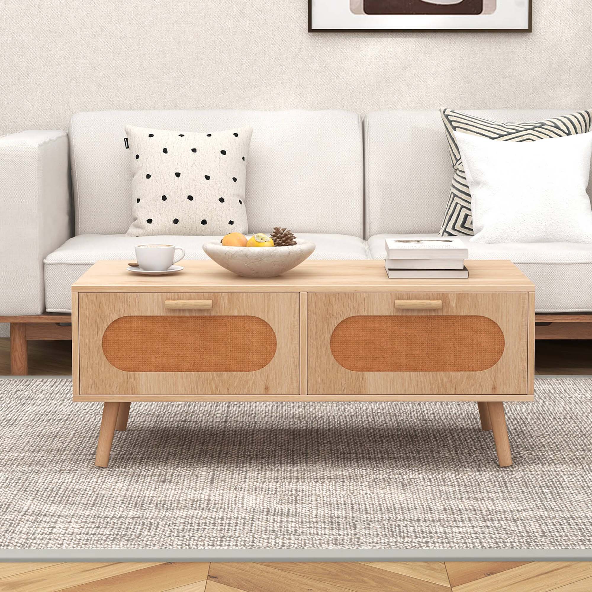 Alt View 1. Costway - Costway Rattan Coffee Table Mid Century Modern Center Table with 2 Storage Drawers - Beige.