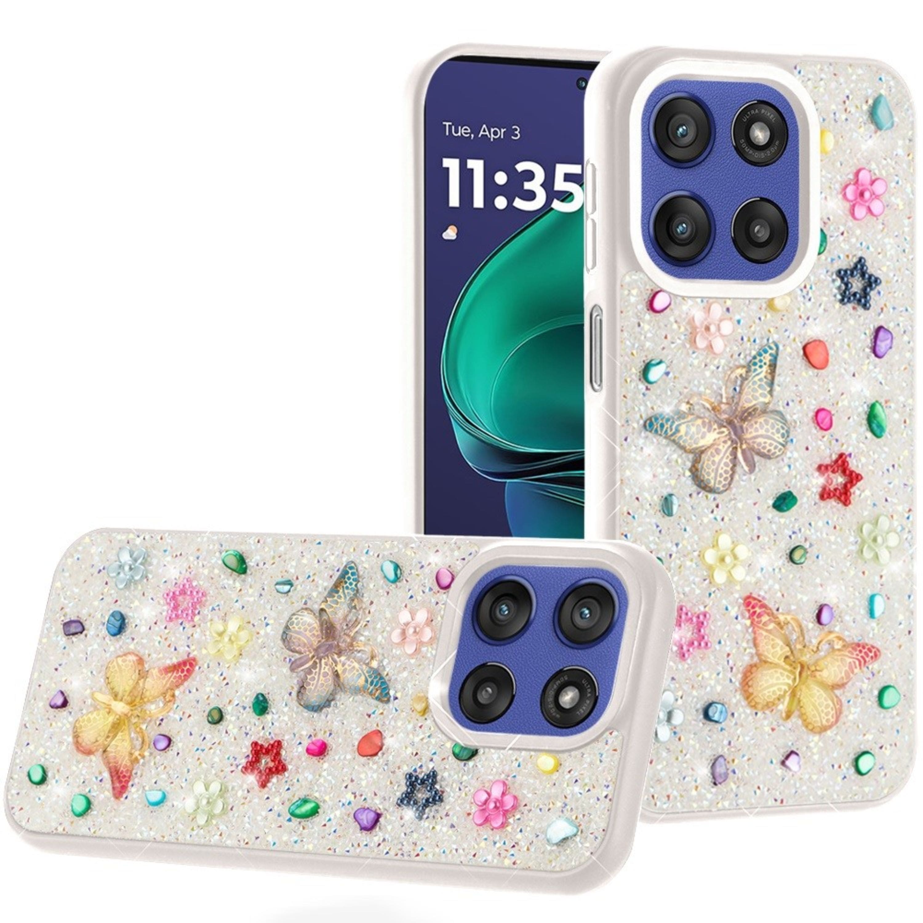 Kitcheniva - Butterfly 3D Jewel Glitter Case Tempered Glass Plus For Moto G Stylus 2026/2025 - White