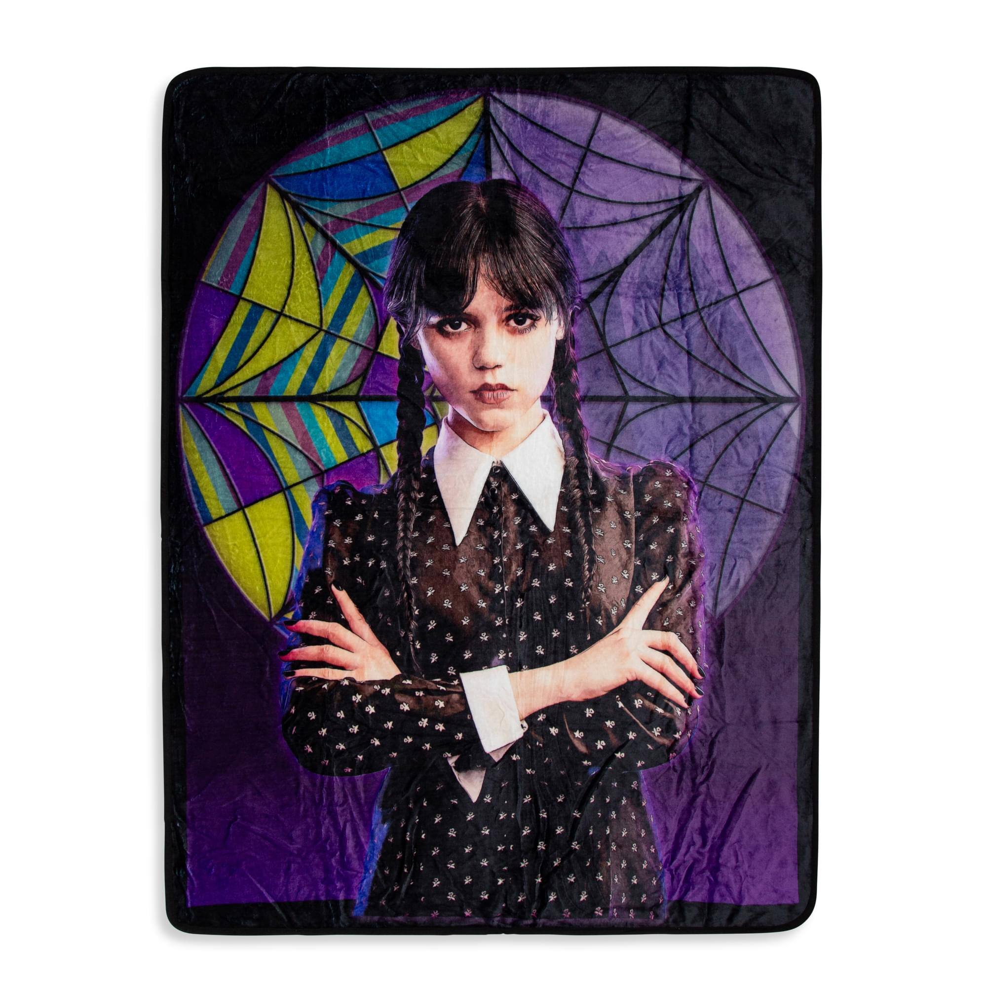 Front. Silver Buffalo - Addams Family Wednesday Signature Pose Raschel Throw Blanket | 45 x 60 Inches - Purple.