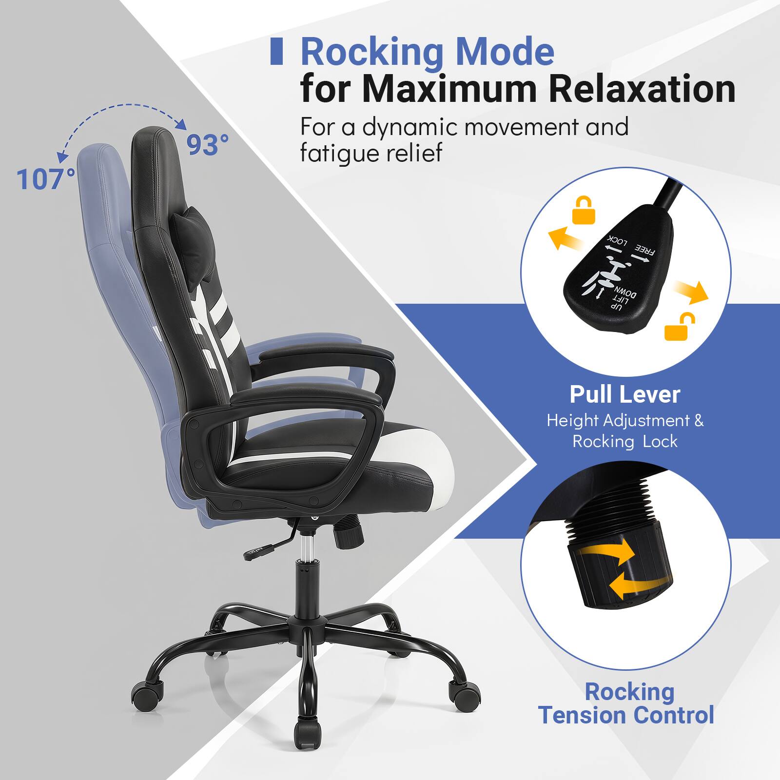 107° 93° Rocking Mode for Maximum Relaxation  
For a dynamic movement and fatigue relief  
FOCK FREE LIFT  
Pull Lever Height Adjustment & Rocking Lock  
Rocking Tension Control