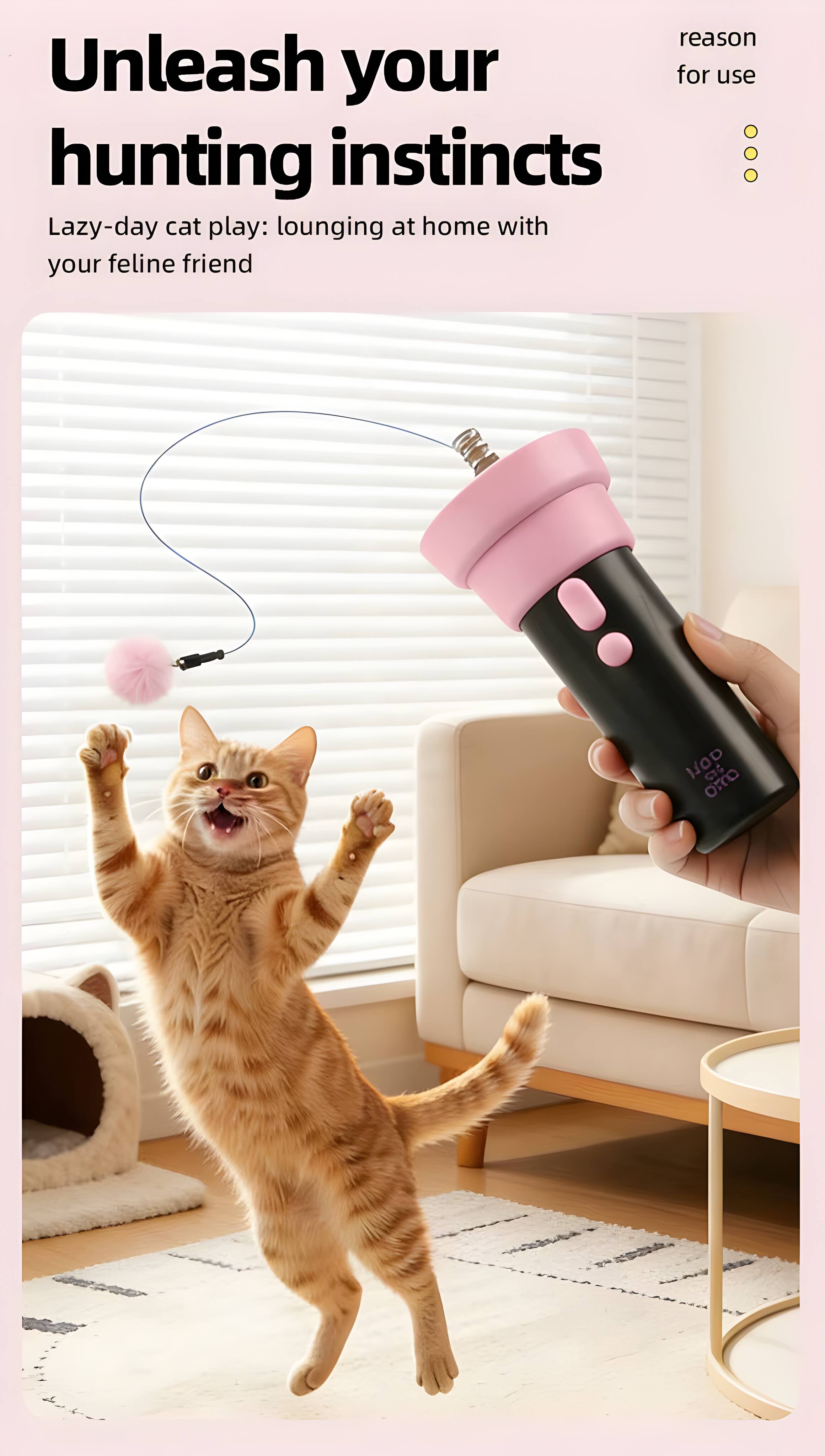 Unleash your hunting instincts

reason for use

Lazy-day cat play: lounging at home with your feline friend