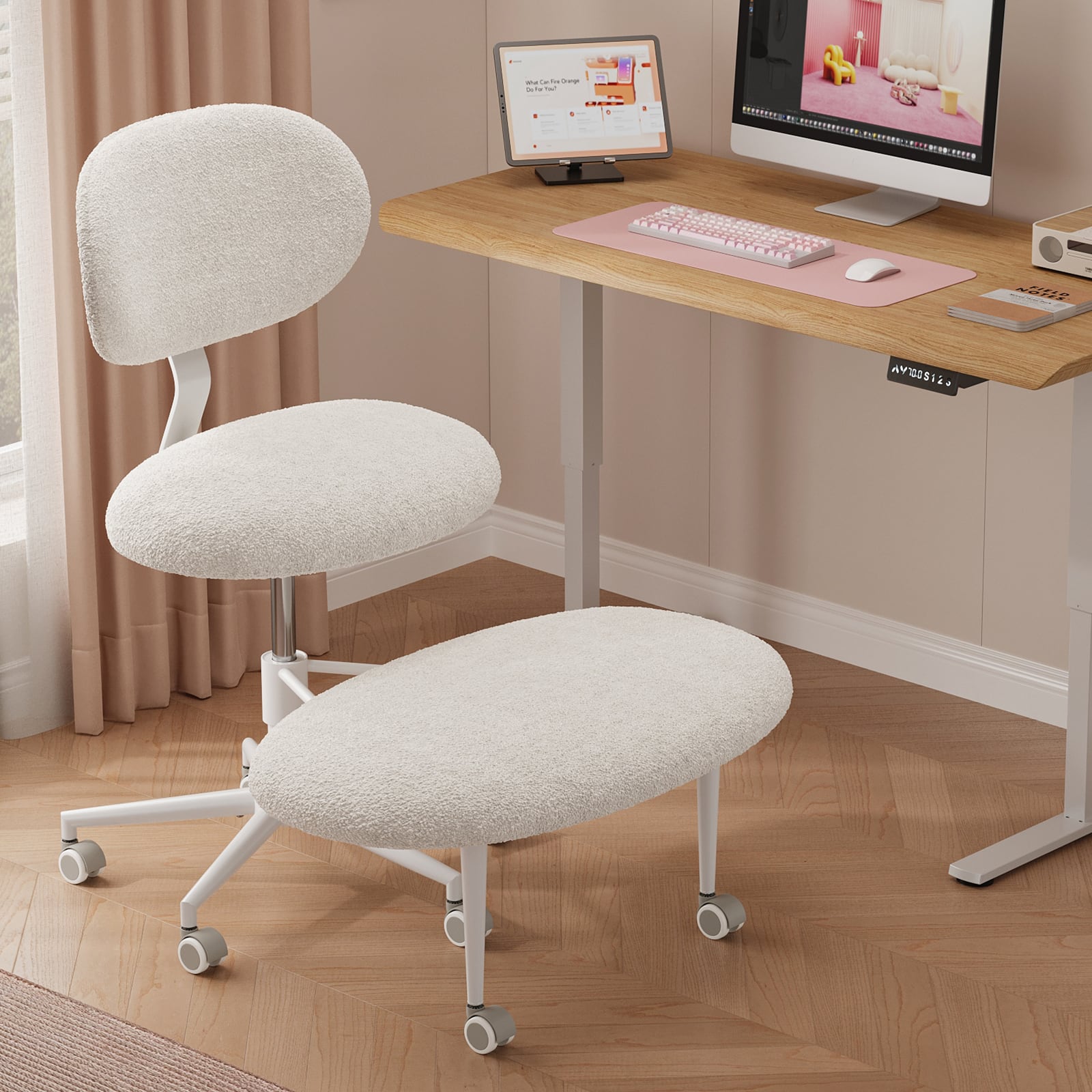Pinmoco - Upholstered Office Chair Adjustable Height Ergonomic Office Chair with Lumbar Support and Wheels - Off-White